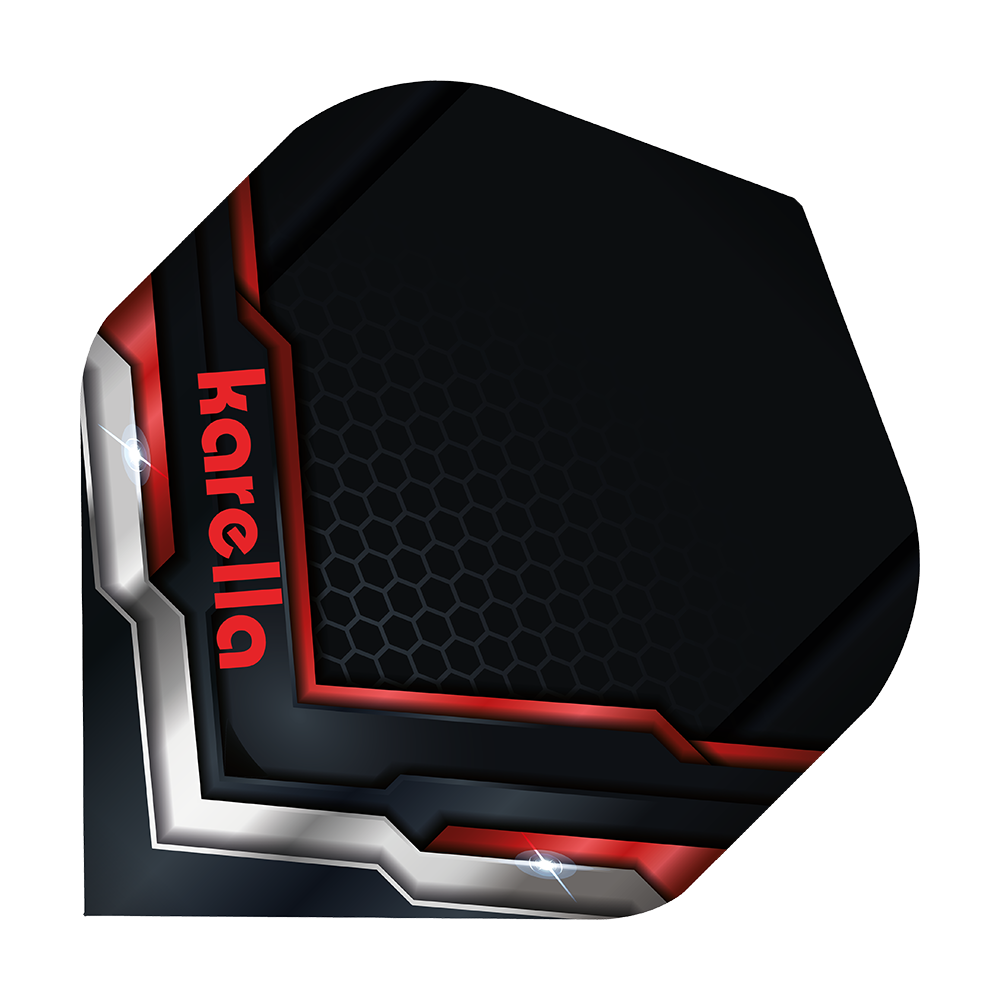 8032-15_Karella_XT-8_Standard_Flights_1 Das Bild zeigt das Produkt "Karella XT-8 No2 Standard Flights". Es hat ein dunkel gehaltenes Design mit roten und silbernen Akzenten und dem Schriftzug "karella" an der Seite.