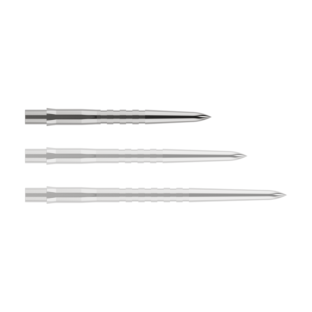 Mission Caliburn EVO Dart Tips - Grooved - Silver Das Bild zeigt drei silberne, gerillte Spitzen für Steeldarts in unterschiedlichen Längen. Sie sind nebeneinander auf einem weißen Hintergrund angeordnet.