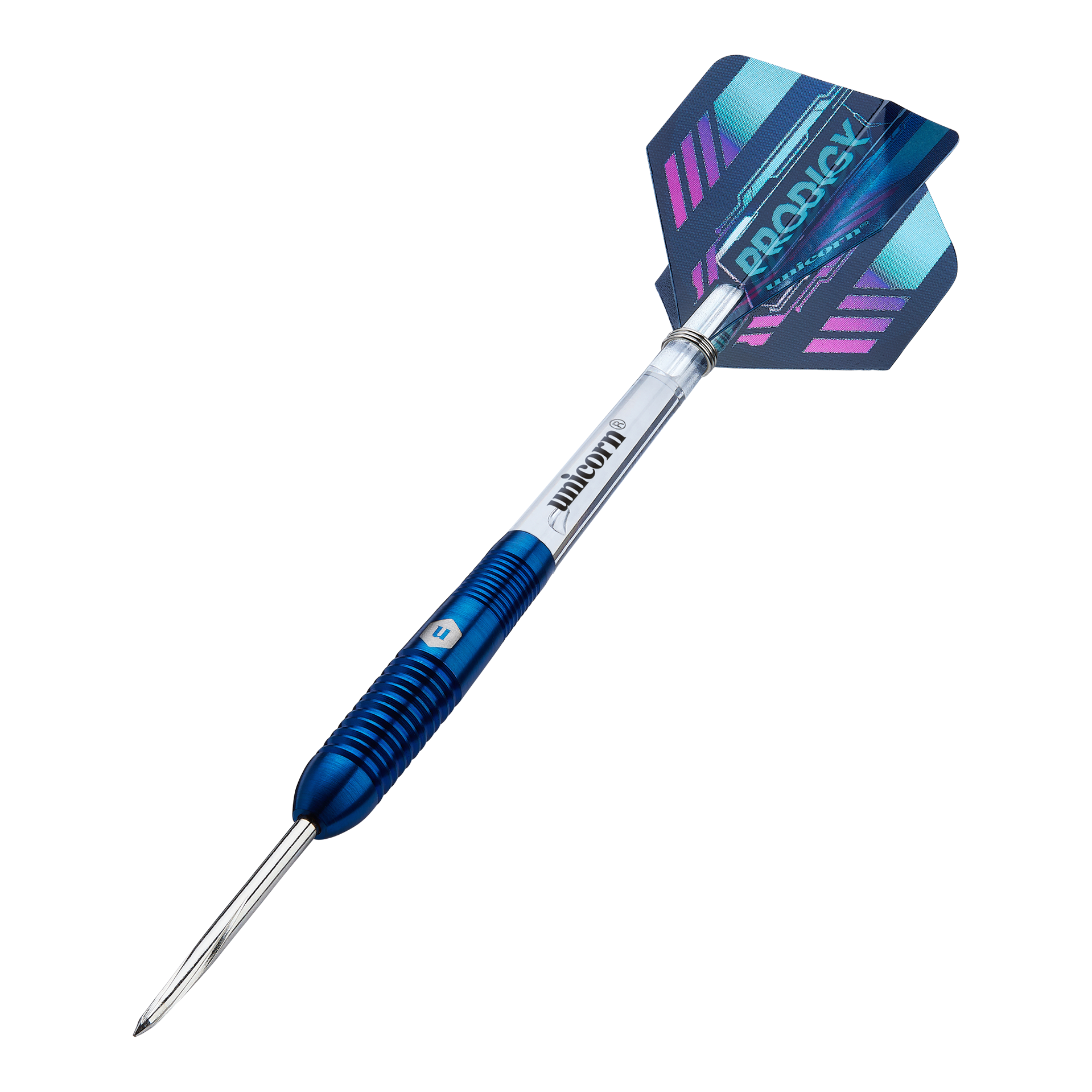 Unicorn Prodigy 02 Torpedo steel darts Das Bild zeigt einen Unicorn Prodigy 02 Torpedo Steeldart. Der Dartpfeil hat ein blaues und silbernes Design mit einer farbigen Flights-Feder am Ende.