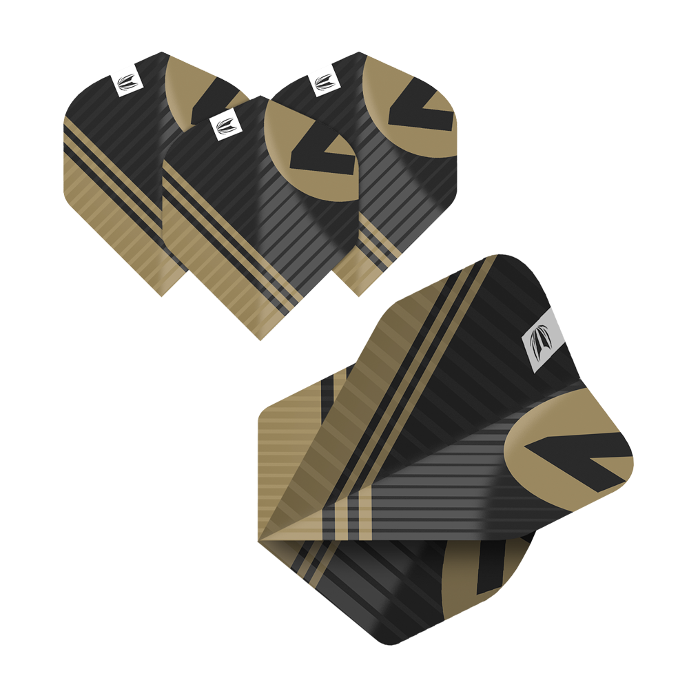 337204_Target_ProUltra_5Sets_Multipack_Chicane_No2_Standard_Flights_6fO3drNGLdpatn Das Bild zeigt fünf Sätze von Target Pro Ultra Chicane Multipack No2 Standard Flights. Die Flights sind schwarz-gold gemustert und haben ein modernes Design.