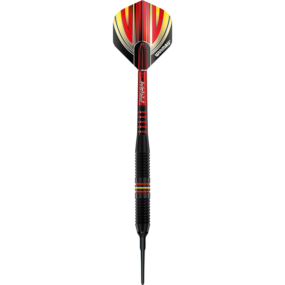2235-18_Winmau_Outrage_Black_Coated_Brass_Softdarts_15g7cXxolyxMKp Das Bild zeigt einen Winmau Outrage V1 Black Coated Brass Softdart mit einem Gewicht von 18 Gramm. Der Dartpfeil ist schwarz mit roten und gelben Akzenten und hat eine Kunststoffspitze.