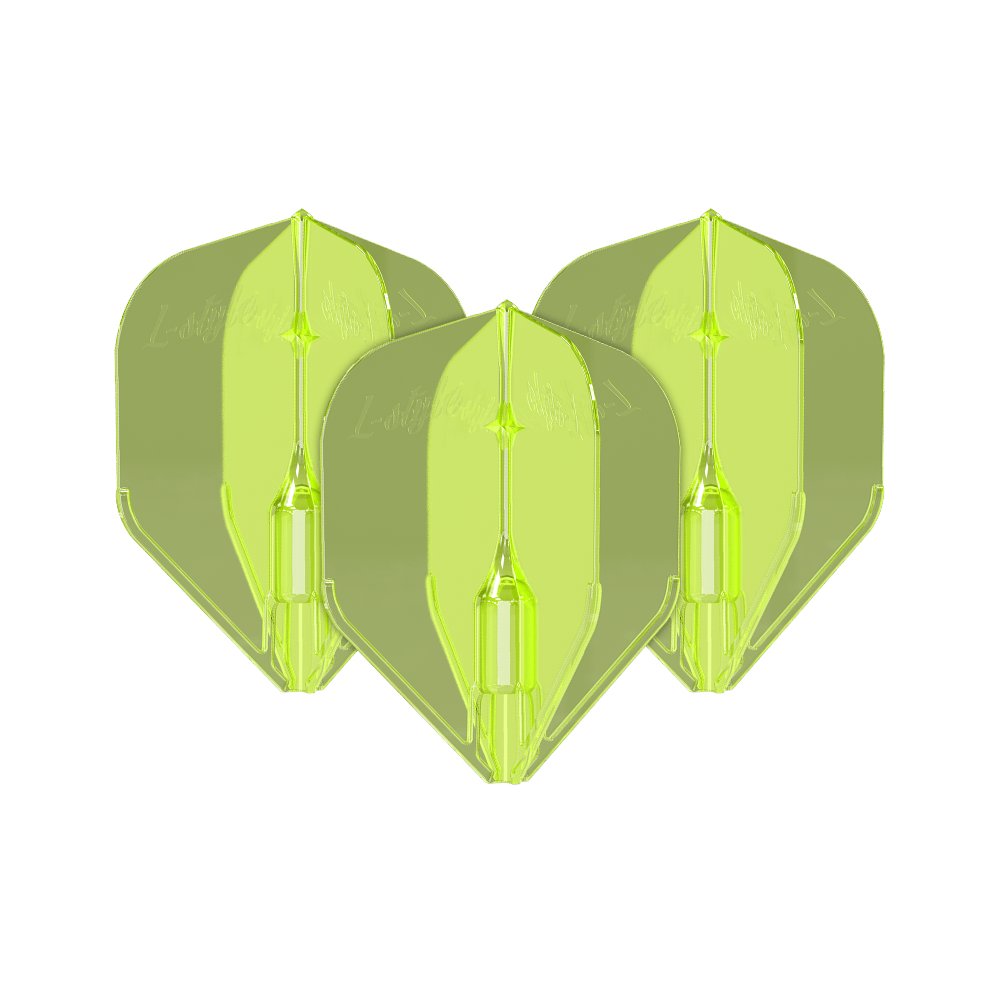 L-Style Fantom L3EZ Flights Neon Yellow Das Bild zeigt drei neongelbe L-Style Fantom L3EZ Flights für Dartpfeile. Sie sind aus Kunststoff und haben eine glänzende, transparente Oberfläche.