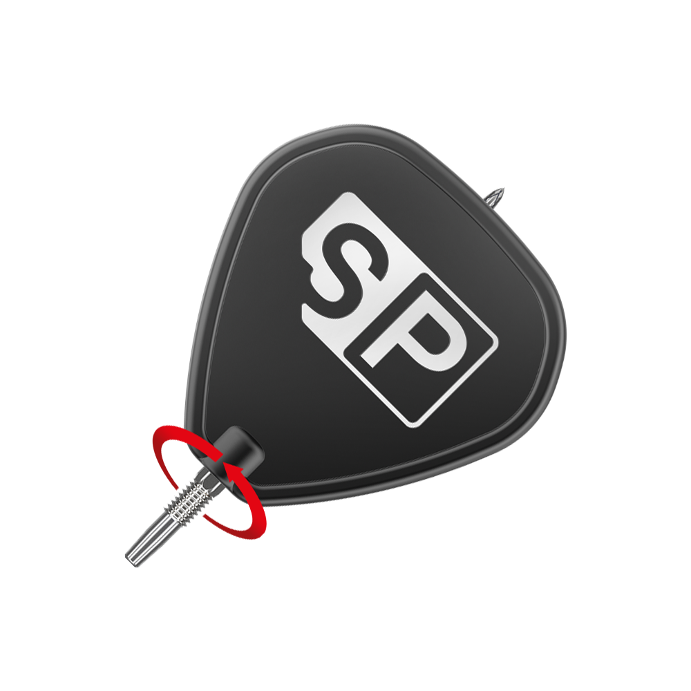 Target Swiss Point DX dart tips - Silver Das Bild zeigt eine schwarze Dart-Flügel mit der weißen Aufschrift "SP". Am unteren Ende ist eine silberne Dartspitze angebracht, um die ein roter Pfeil eine Drehbewegung anzeigt.