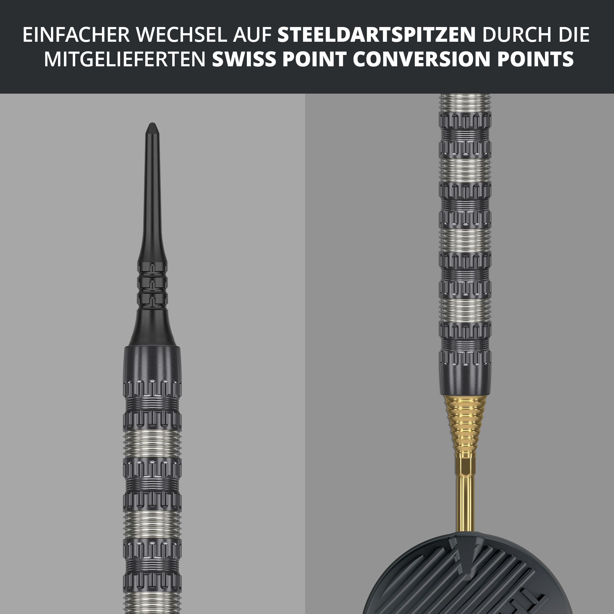 Target Rob Cross 95K Swiss Point Soft Darts - 18g Das Bild zeigt den Target Rob Cross 95K Swiss Point Softdart mit 18g Gewicht. Es wird darauf hingewiesen, dass ein einfacher Wechsel auf Steeldartspitzen durch die mitgelieferten Swiss Point Conversion Points möglich ist.