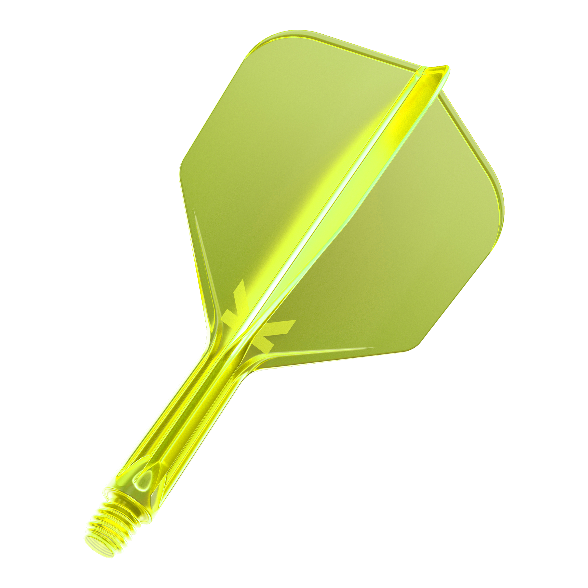 Target K-Flex No6 Flight System - Neon Yellow Das Bild zeigt einen neon-gelben Dartflug mit integriertem Schaft. Das Material wirkt durchsichtig und hat eine glänzende Oberfläche.