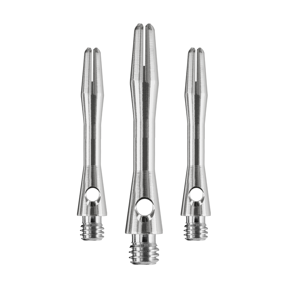 HR369_Harrows_Keramic_Shafts_Gun_Metal_35mm_1 Das Bild zeigt drei silberfarbene Dartschäfte aus Metall. Es handelt sich um das Produkt "Harrows Keramic Shafts - Gun Metal".