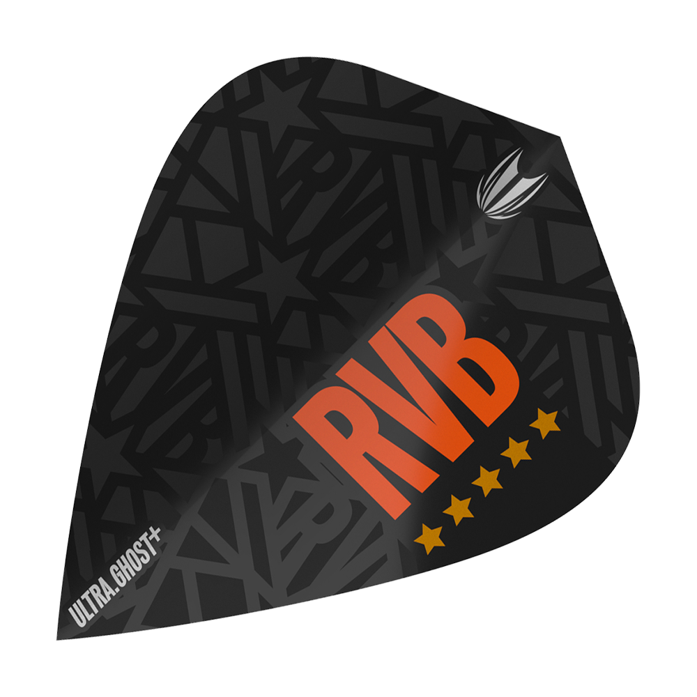 Target UltraGhost Raymond Van Barneveld GEN2 Kite Flights Dies ist ein Target UltraGhost Raymond Van Barneveld GEN2 Kite Flight. Das Flight ist schwarz mit großen orangen Buchstaben "RVB" und fünf gelben Sternen gestaltet.