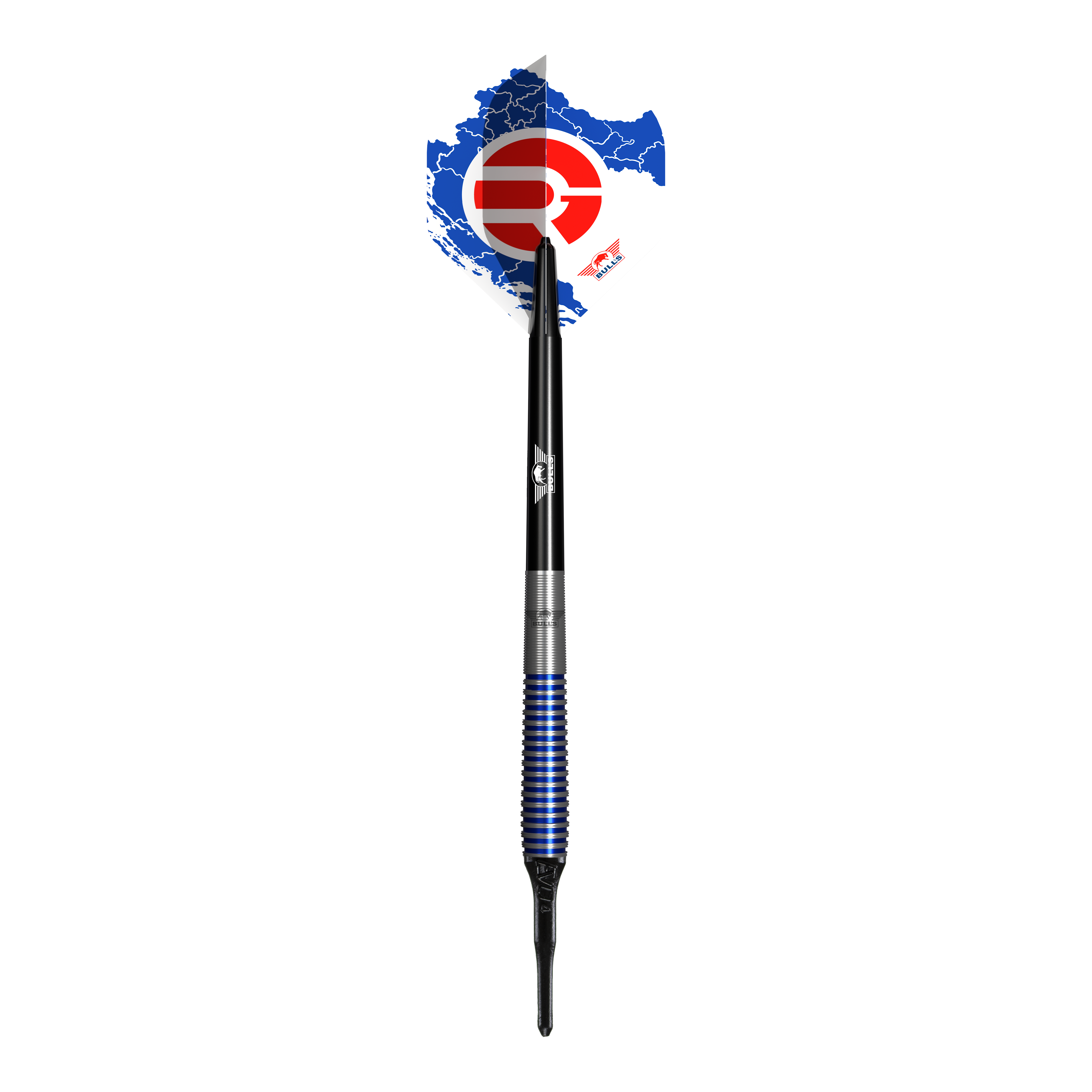 Bulls NL Romeo Grbavac soft darts - 19g Das Bild zeigt einen Softdart namens "Bulls NL Romeo Grbavac Softdarts- 19g". Der Dart hat ein markantes Design mit blauen und silbernen Ringen am Griff sowie einer schwarz-weißen Flights mit roten und blauen Akzenten.