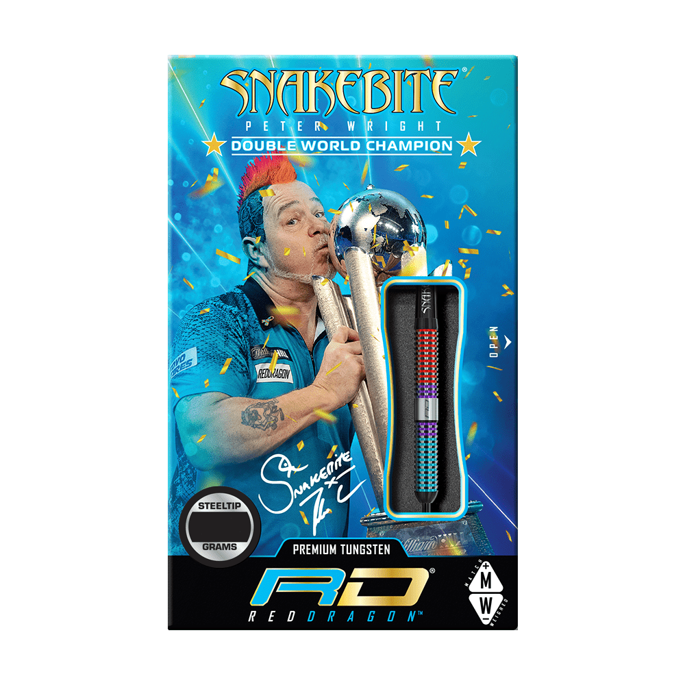 RD2550_Red_Dragon_Peter_Wright_Snakebite_Spirit_Steeldarts_3 Die Verpackung zeigt die "Red Dragon Peter Wright Snakebite Spirit Steeldarts". Ein Bild von Peter Wright mit Trophäe und Unterschrift ist ebenfalls darauf zu sehen.