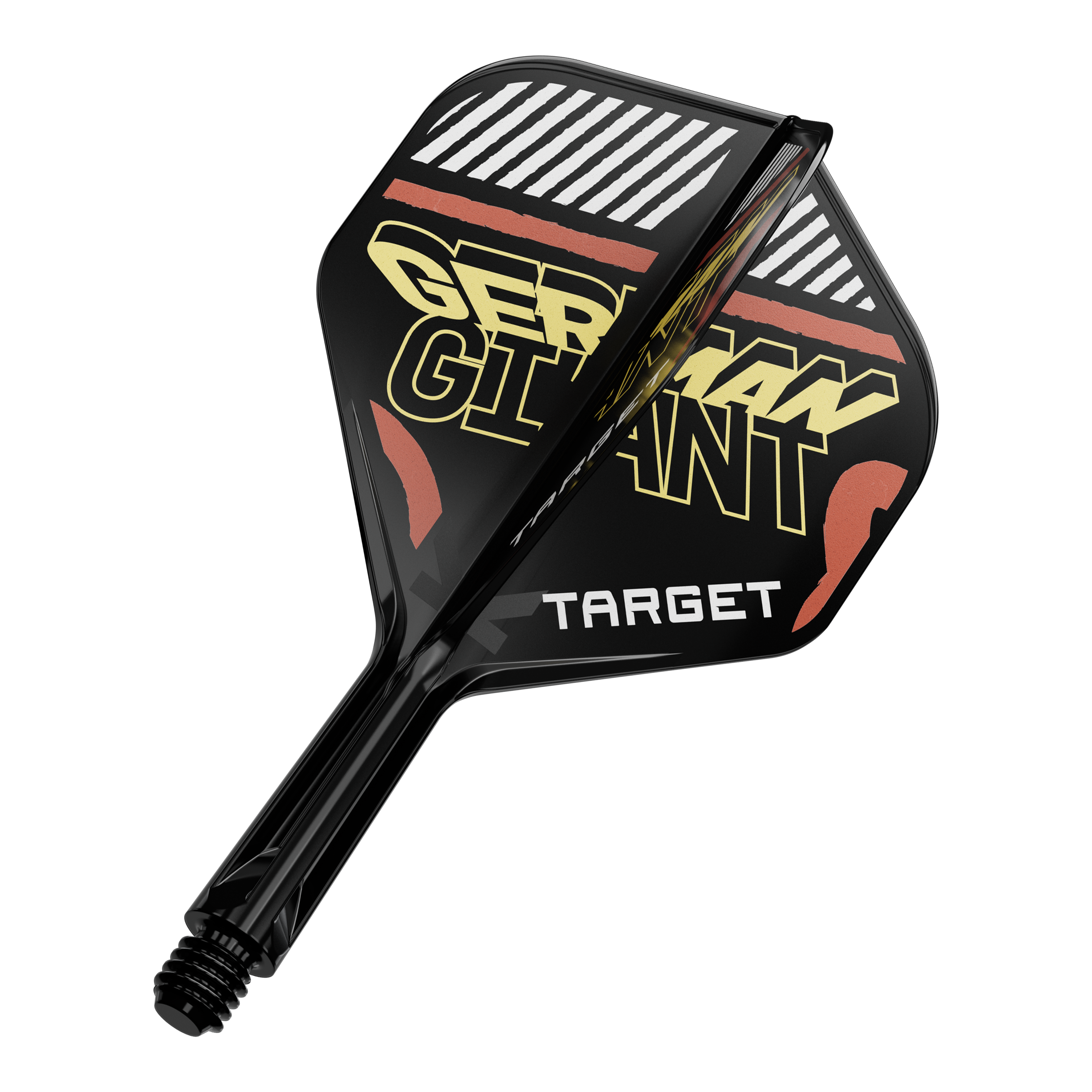 Target K-Flex Gabriel Clemens No2 Standard Flight Shaft System Das Bild zeigt eine schwarze Dartflügel- und Schaftkombination mit der Aufschrift "GERMAN GIANT" und "TARGET". Die Farben sind hauptsächlich Schwarz, Gelb und Rot.