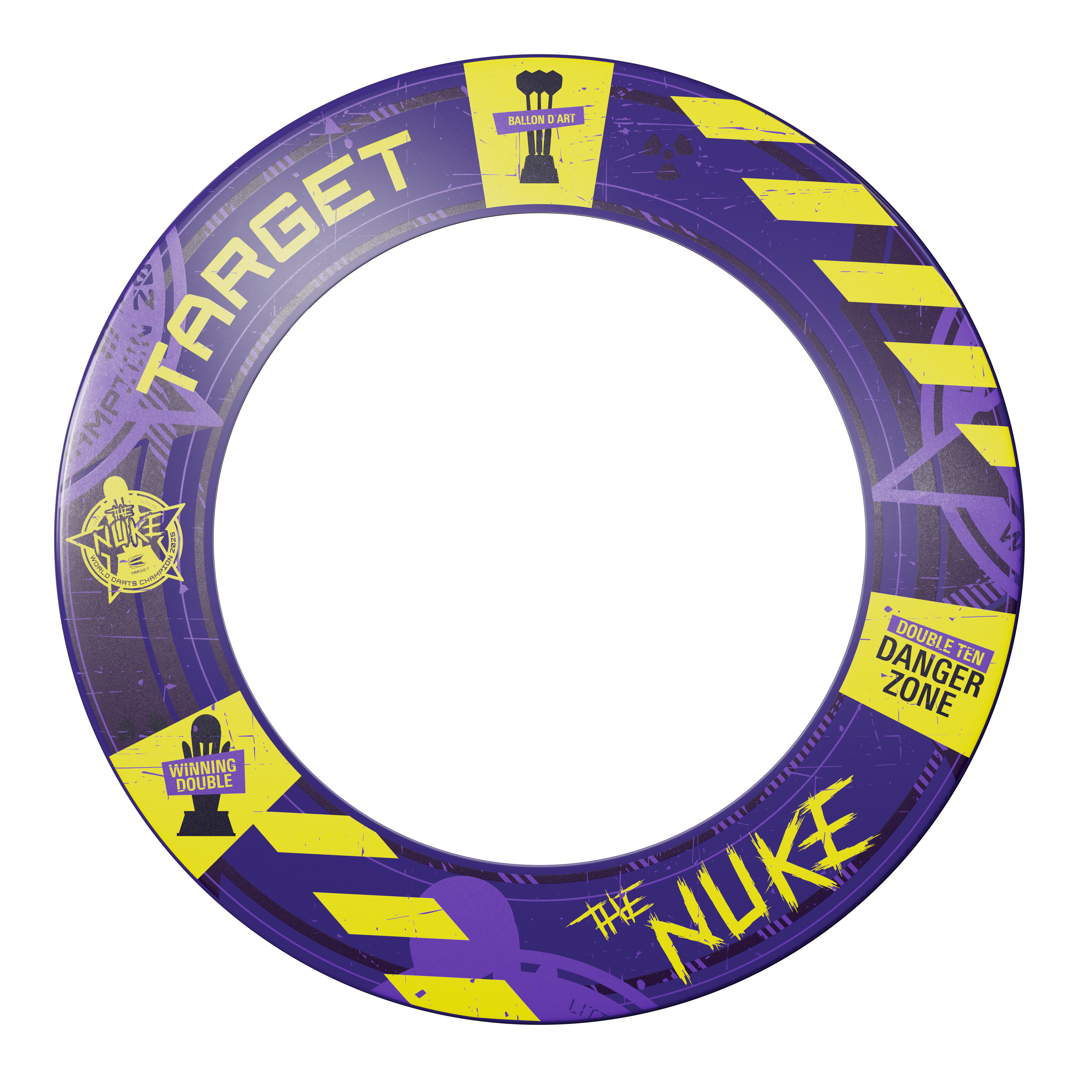 Target Luke Littler World Champion 2025 Surround Goal Steel Dartboard Bundle Das Bild zeigt den "Target Luke Littler World Champion 2025 Surround Tor Steeldartboard Bundle". Der Surround ist lila mit gelben Akzenten und auffälligen Schriftzügen wie "The Nuke" und "Danger Zone".