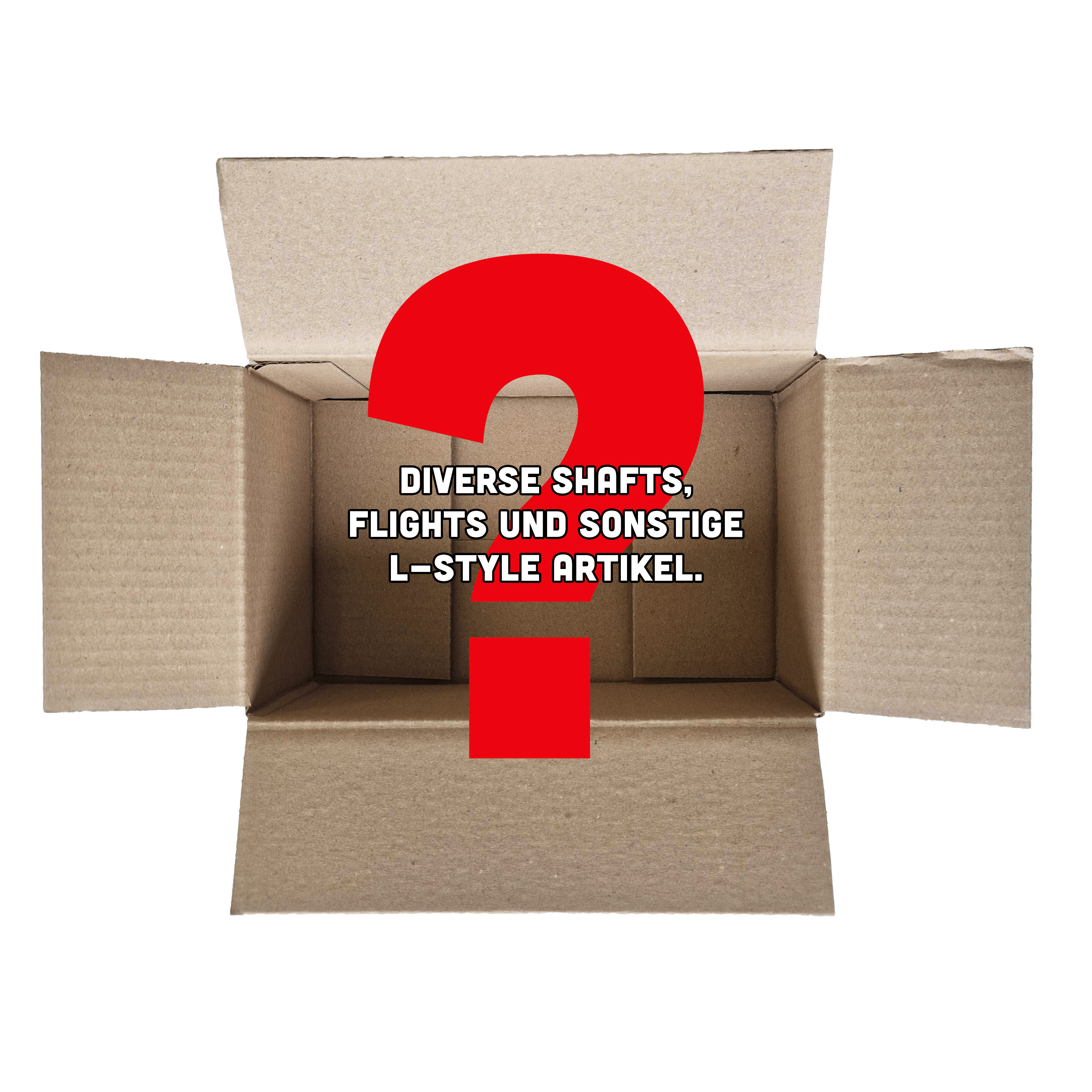 McDart Mystery Box - L-Style Das Bild zeigt einen offenen Karton mit einem großen roten Fragezeichen darin. In der Mitte steht der Text: "Diverse Shafts, Flights und sonstige L-Style Artikel."
