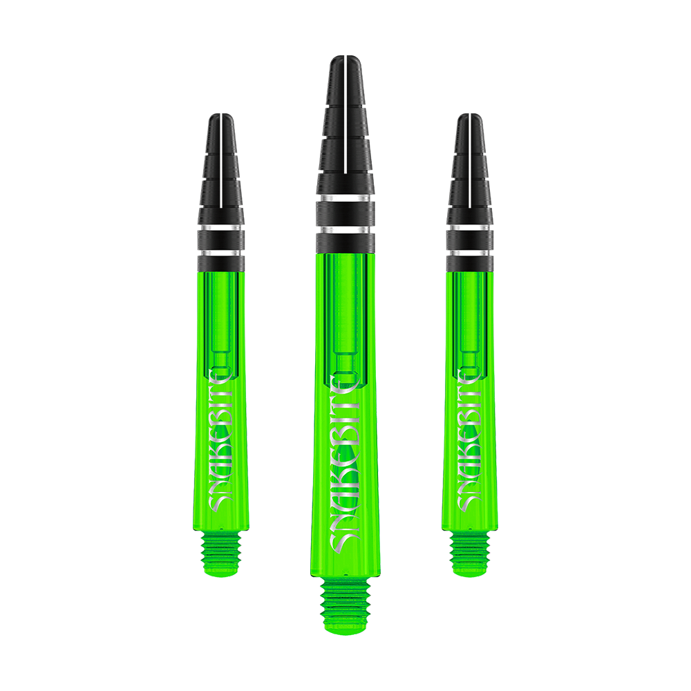 C645_Red_Dragon_Nitrotech_Peter_Wright_Green_Shafts_42mm_1UY5lBhiI2UEEr Das Bild zeigt drei grüne Dartschäfte mit schwarzer Spitze. Auf den Schäften steht das Wort "Snakebite" in weißer Schrift.
