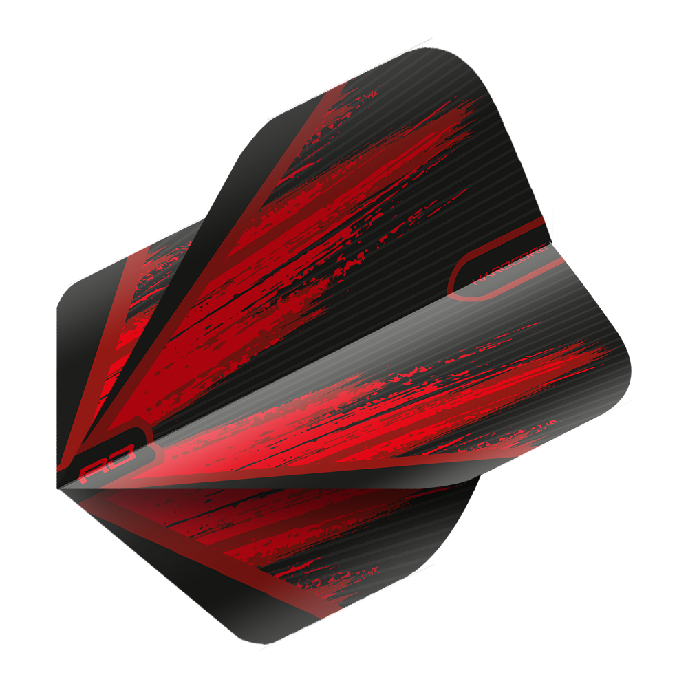 TF6442_Red_Dragon_Hardcore_Black_Red_V2_Standard_Flights_2 Dies ist ein Dart-Flight in den Farben Schwarz und Rot mit einem dynamischen, modernen Design. Die Oberfläche zeigt kräftige rote Streifen und das Wort "HARDCORE" ist darauf zu erkennen.
