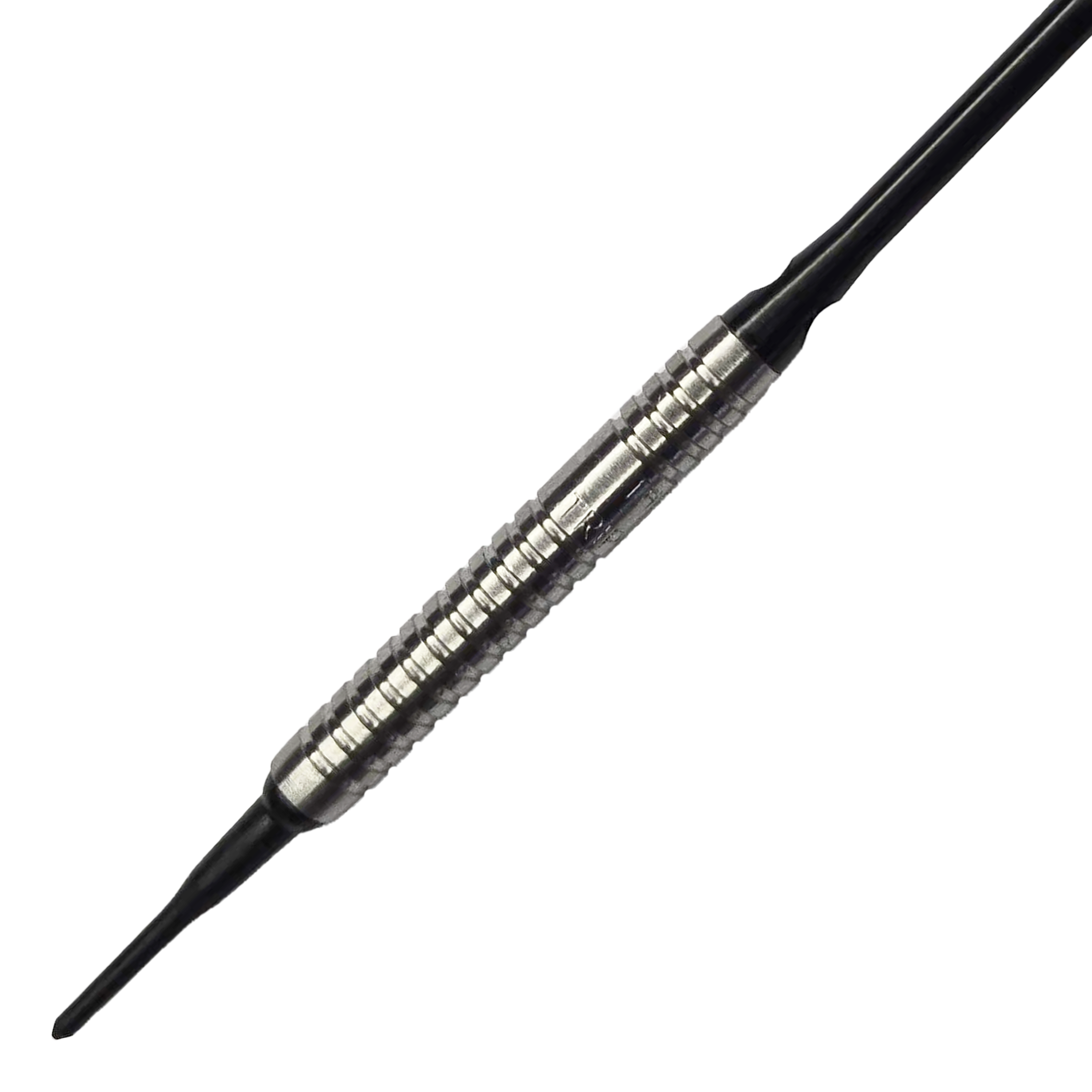 McDart 85 Tungsten V5 Soft Darts - 16g Das Bild zeigt einen McDart 85er Tungsten V5 Softdart mit einem Gewicht von 16g. Der Dartpfeil hat einen silbernen, geriffelten Barrel und schwarze Spitzen.