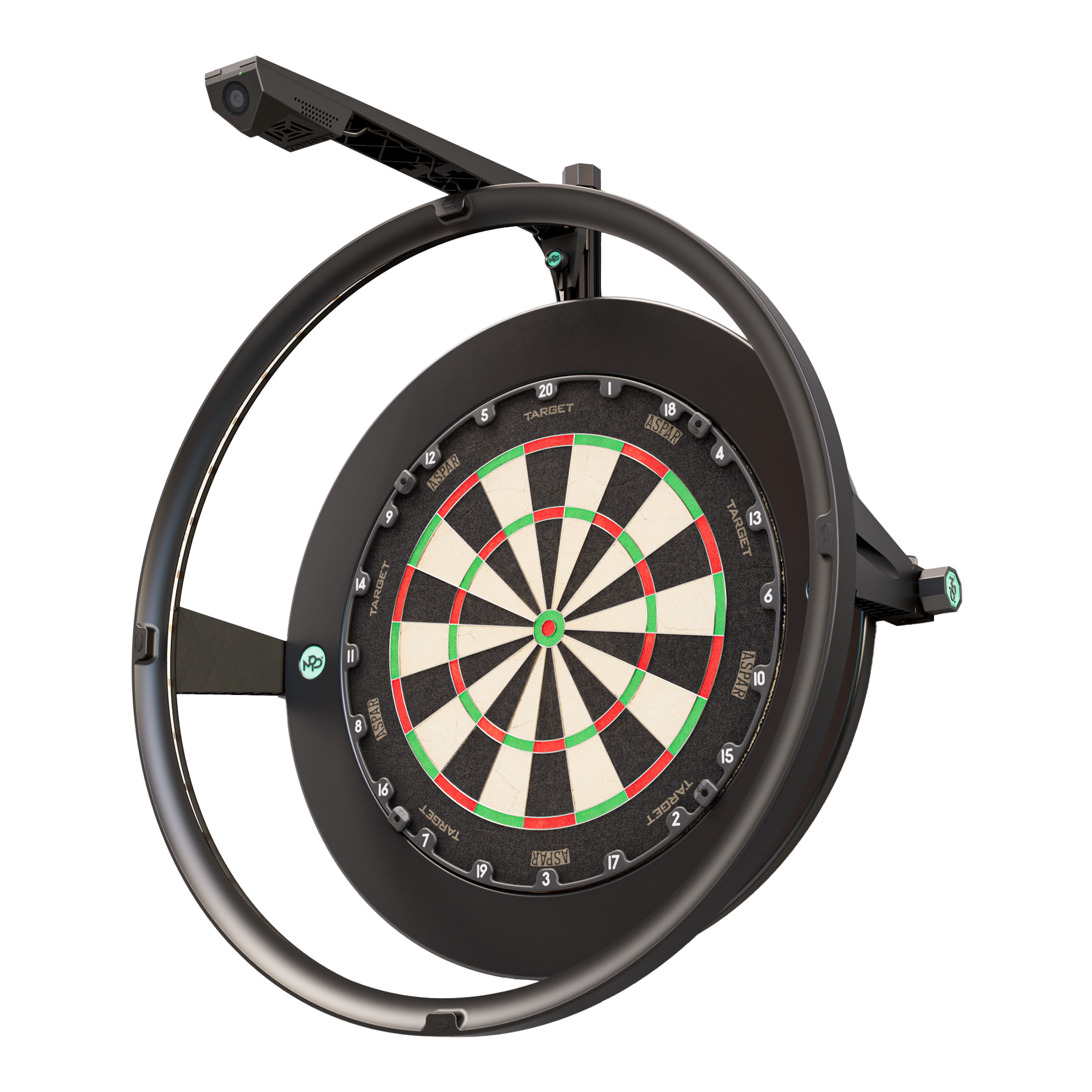 Target VIRT Camera Das Bild zeigt das Produkt "Target VIRT Kamera", das eine Dartscheibe mit einer integrierten Kamera darstellt. Die Kamera ist oberhalb der runden Einfassung der Dartscheibe montiert.