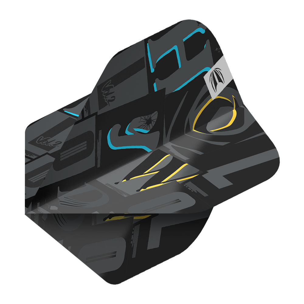 Target Pro Ultra Chris Dobey No2 Standard Flights - 3 Sets Das Bild zeigt ein schwarzes Dartflight mit modernen grafischen Mustern in Grau, Blau und Gelb. Es handelt sich um das Produkt "Target Pro Ultra Chris Dobey No2 Standard Flights - 3 Sets".