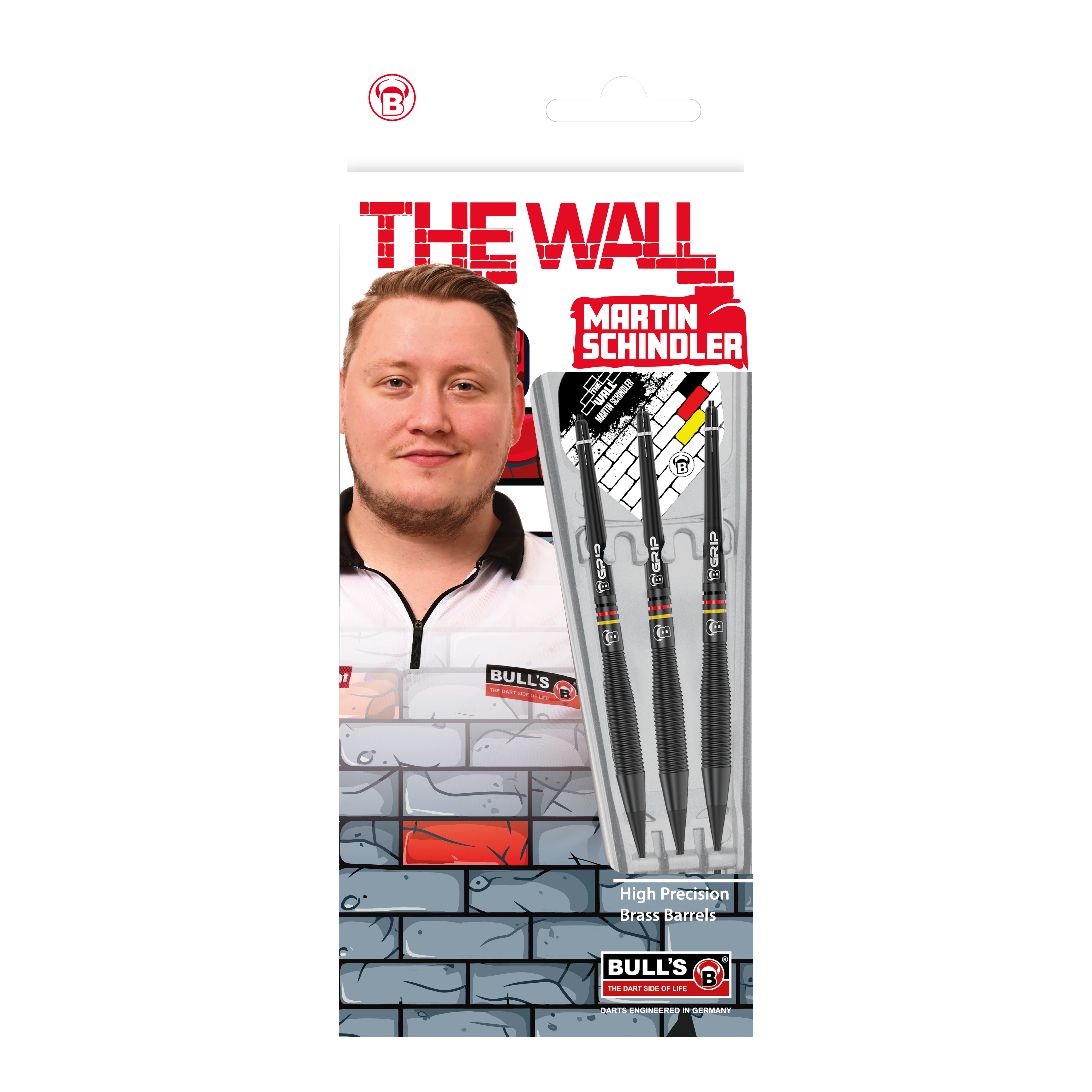 Bulls Martin Schindler The Wall Black Brass Softdarts - 18g Das Bild zeigt die Verpackung der "Bulls Martin Schindler The Wall Black Brass Softdarts - 18g". Auf der Verpackung ist ein Foto von Martin Schindler sowie drei schwarze Softdarts zu sehen.