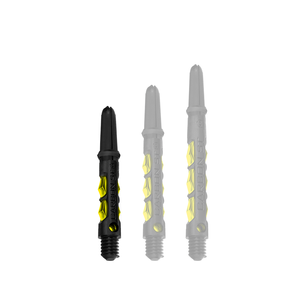 HR419_Harrows_Carbon_ST_Shafts_Gelb_33mm_1 Das Bild zeigt drei Harrows Carbon ST Shafts in Gelb. Sie sind in unterschiedlichen Längen angeordnet und haben ein schwarz-gelbes Design.
