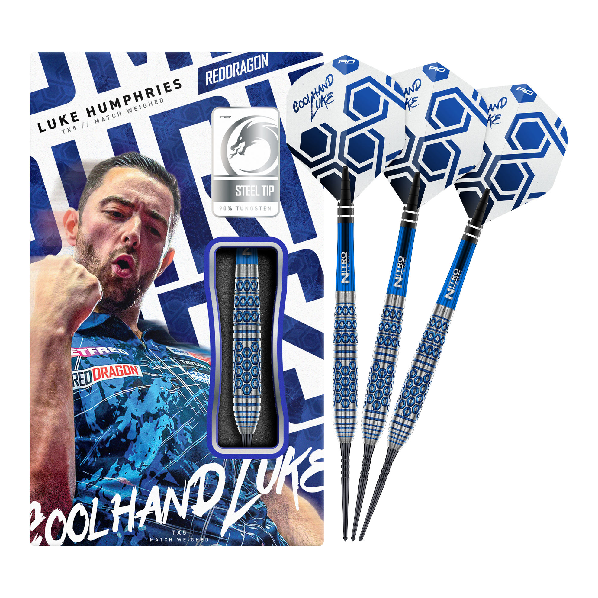 Red Dragon Luke Humphries TX5 steel darts Auf dem Bild ist das vollständige Set der Red Dragon Luke Humphries TX5 Steeldarts zu sehen. Die Steeldarts werden in ihrer Gesamtheit präsentiert.