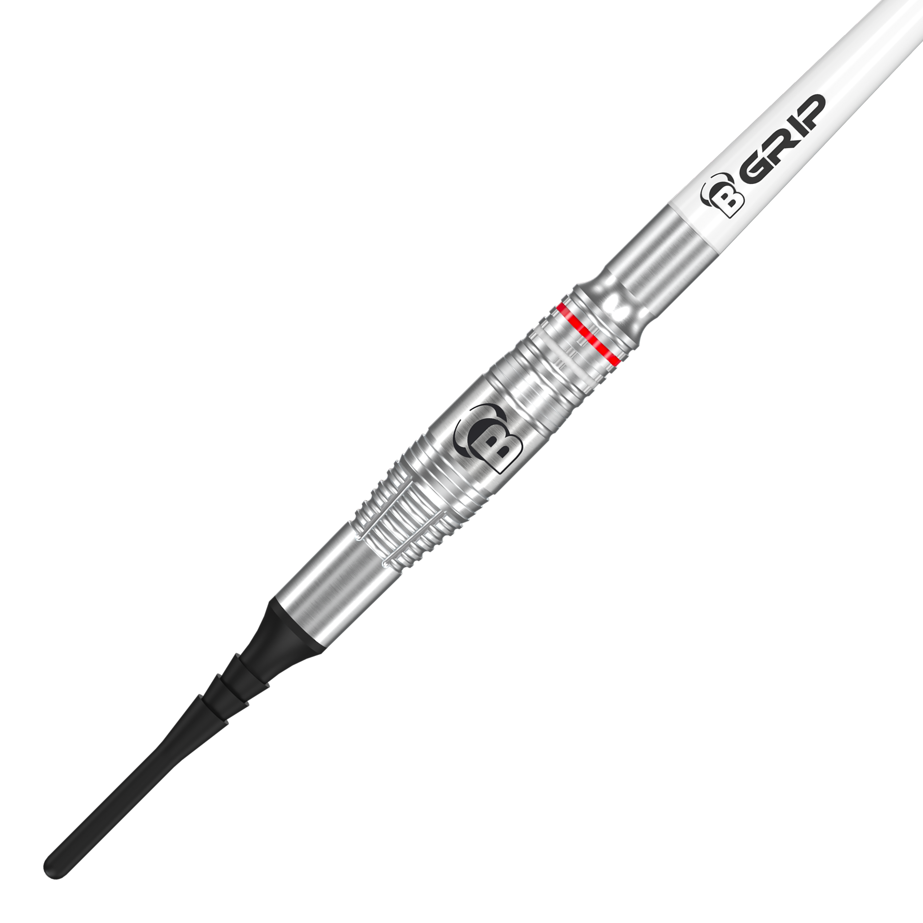 Das Bild zeigt einen Bulls Niko Springer Softdart mit einem Gewicht von 22g. Der Dart hat eine silberne Metallspitze und einen weißen Schaft mit der Aufschrift "B GRIP".