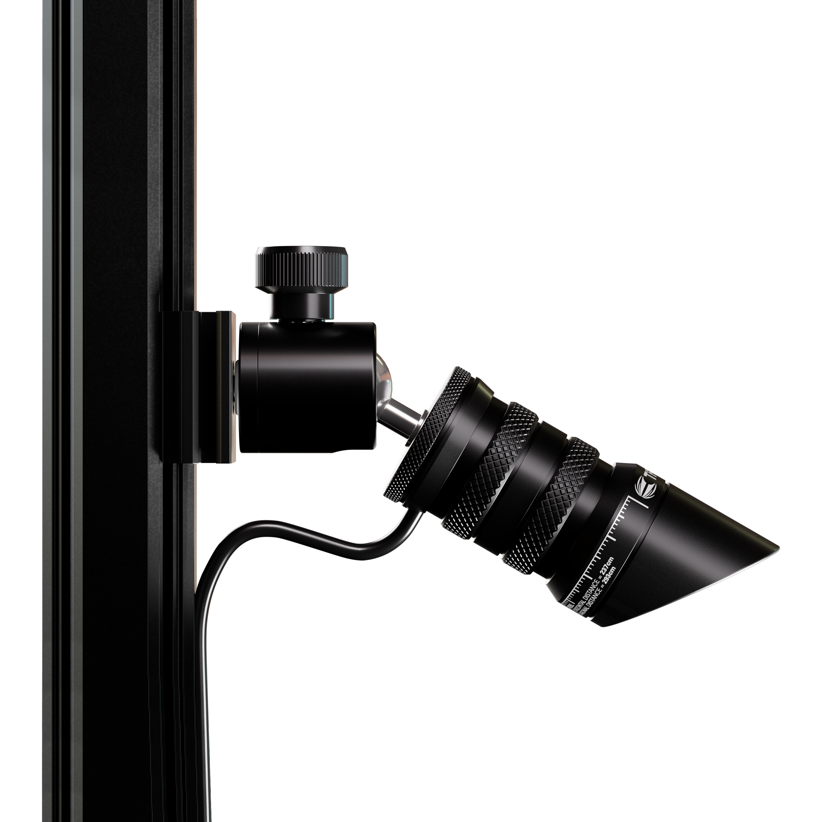 Target MOD Laser Oche Das Bild zeigt das Produkt "Target MOD Laser Oche", das an einer vertikalen Stange befestigt ist. Es handelt sich um ein schwarzes, zylindrisches Gerät mit einem Kabelanschluss und feinen Details.