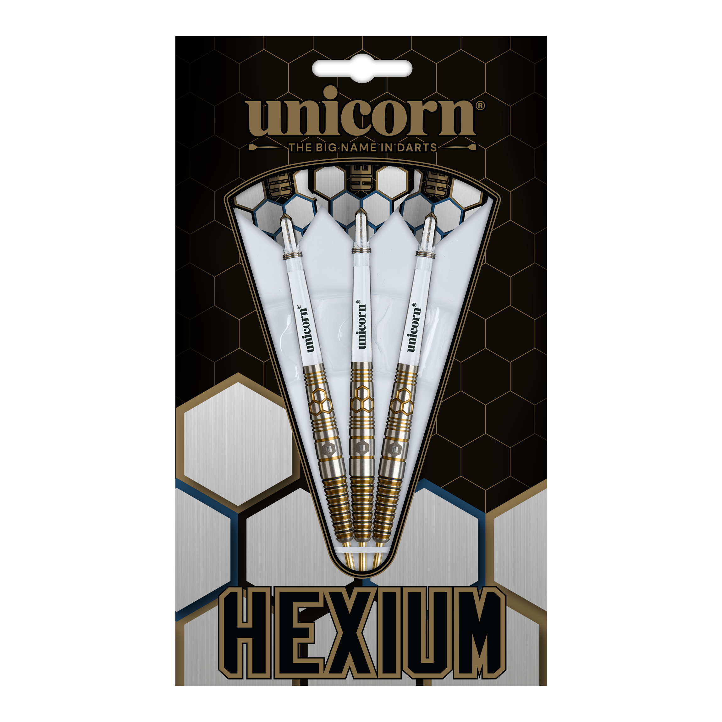 Dies ist das Produkt Unicorn Hexium Style 03 Gold & Black Steeldarts. Drei Steeldarts in Gold und Schwarz sind abgebildet.