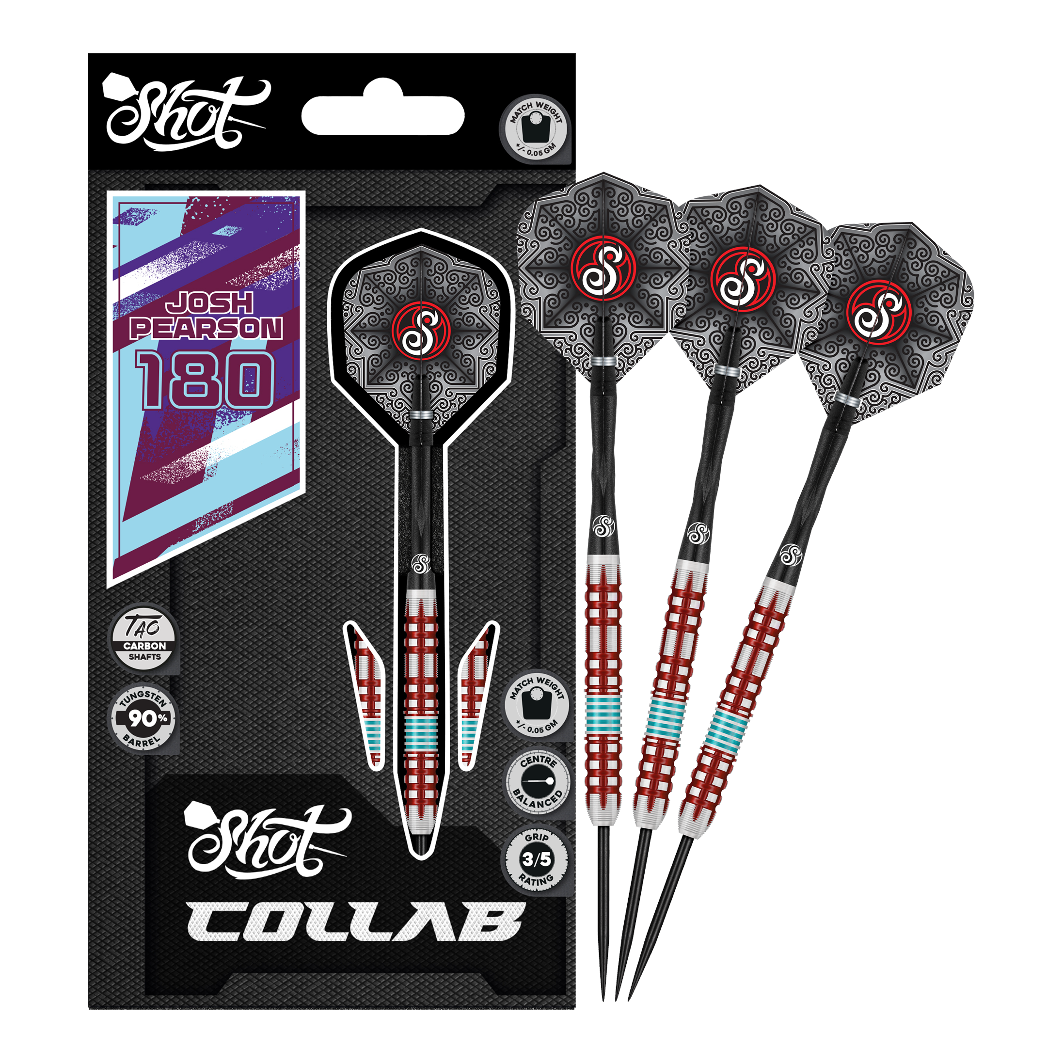 Das Produkt Shot Collab Pro Series Josh Pearson Steeldarts - 23g wird gezeigt. Die Darts besitzen eine präzise Verarbeitung für maximale Leistung.