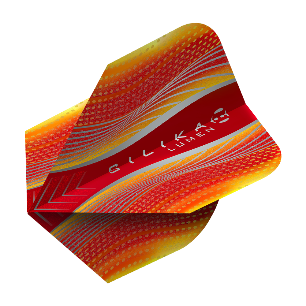 HF5128_Harrows_Silika_Lumen_Yellow_Red_No6_Flights_2 Das Bild zeigt das Produkt "Harrows Silika Lumen Yellow Red No6 Flights". Es ist ein Dartflight in den Farben Rot, Gelb und Silber mit dynamischem Muster und dem Aufdruck "Silika Lumen".