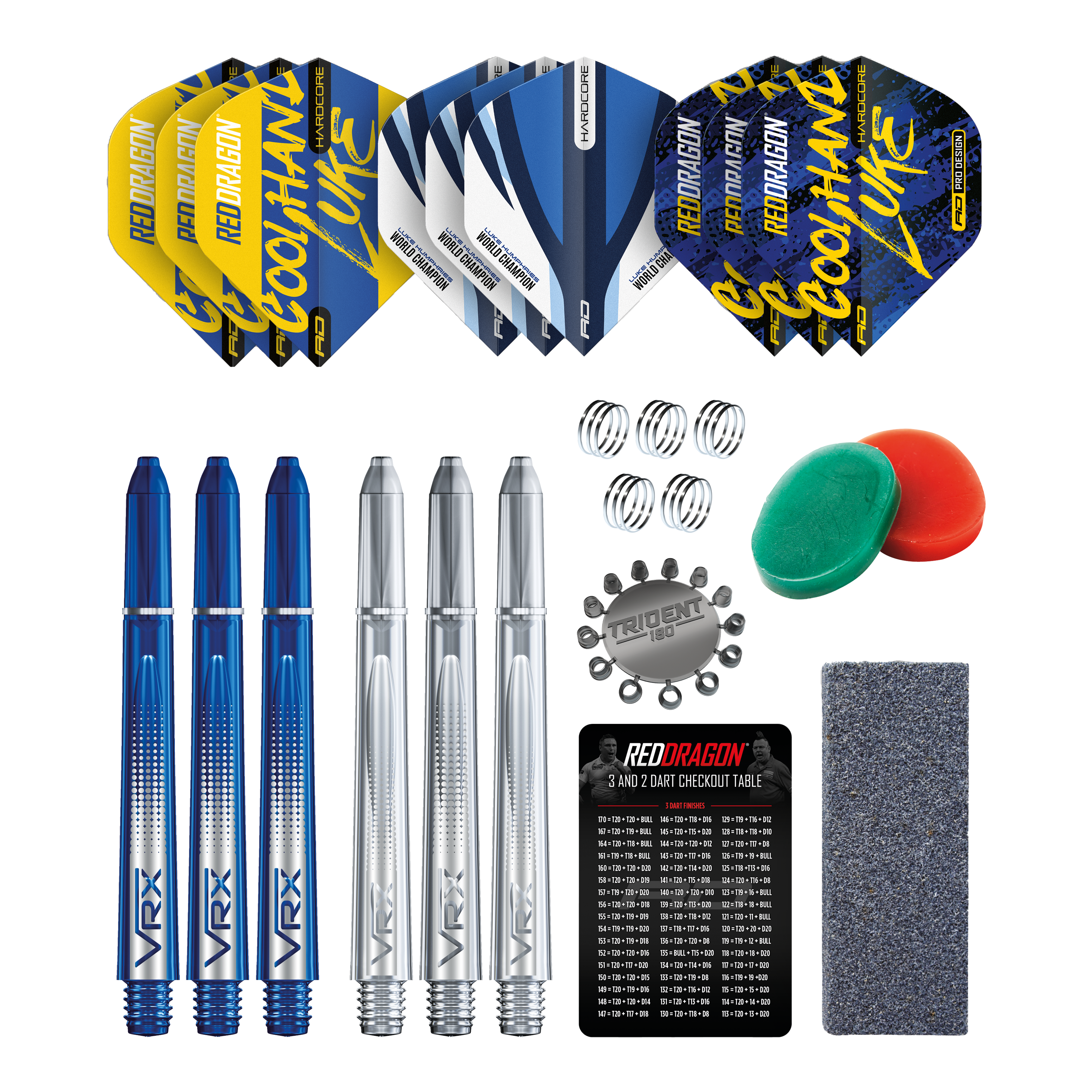 Red Dragon Luke Humphries Optima Accessory Pack Das Bild zeigt das Red Dragon Luke Humphries Optima Zubehör Pack für Darts. Enthalten sind Flights, Shafts, Federn, Tridents, ein Schleifstein, ein Checkout-Table, sowie weiteres nützliches Dartzubehör.