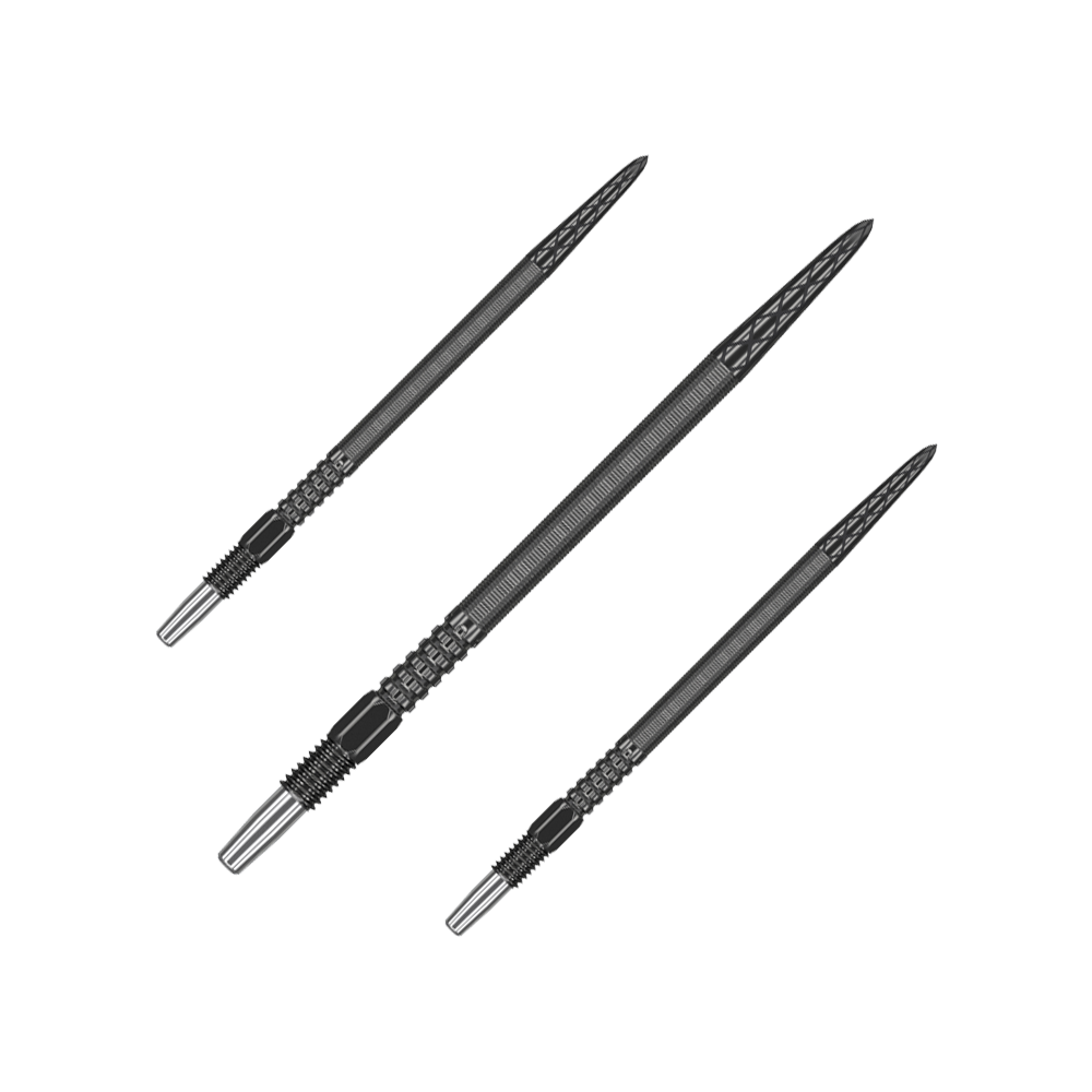 Target Swiss Point DX dart tips - Black Auf dem Bild sind drei schwarze Dartspitzen abgebildet. Sie sind lang und haben eine strukturierte Oberfläche für besseren Halt.