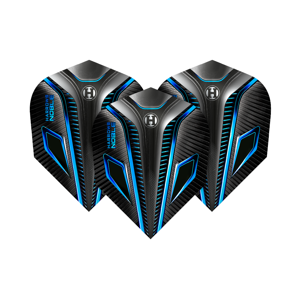 HR7_Harrows_Noble_Aqua_Standard_Flights_14J8PBJ8cZpXWT Das Bild zeigt drei Harrows Noble Aqua Standard Flights für Dartpfeile. Die Flights haben ein modernes Design in Schwarz mit blauen und silbernen Akzenten.