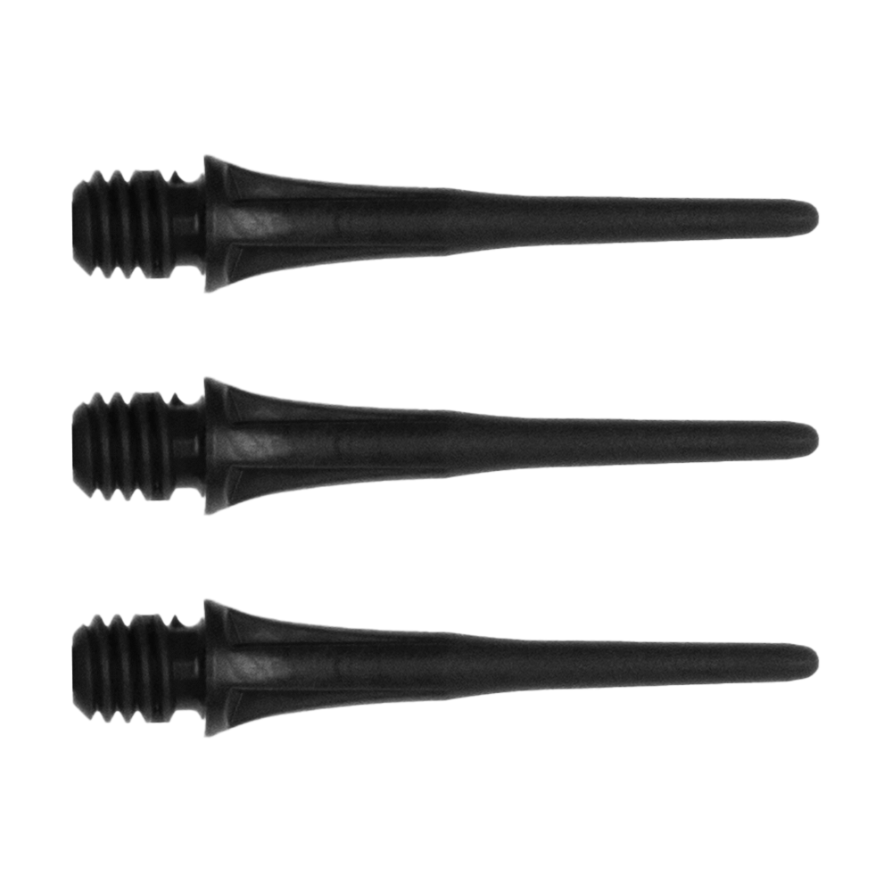 X9048_Cosmo_Fit_Point_Plus_2BA_Spitzen_Schwarz_14qvON0clQjNIm Das Bild zeigt drei schwarze Cosmo Fit Point Plus 2BA Spitzen mit einer Länge von 25 mm. Sie sind für Softdarts geeignet und werden im 50er Pack verkauft.