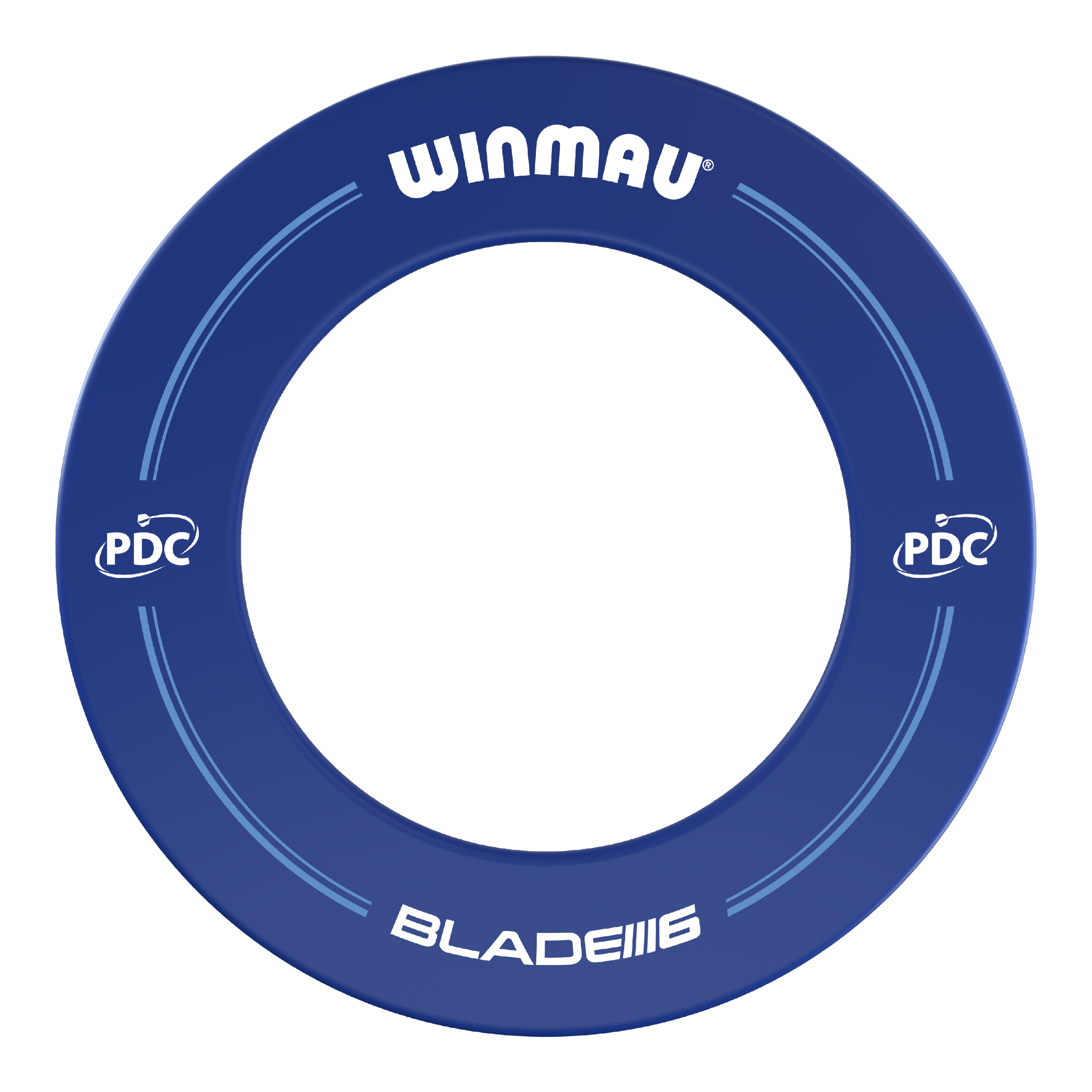 Winmau PDC Dartboard Surround - Blue Das Bild zeigt einen blauen Dartboard-Surround der Marke Winmau mit PDC-Logo. Auf dem Ring stehen die Worte "WINMAU" und "BLADE 6".