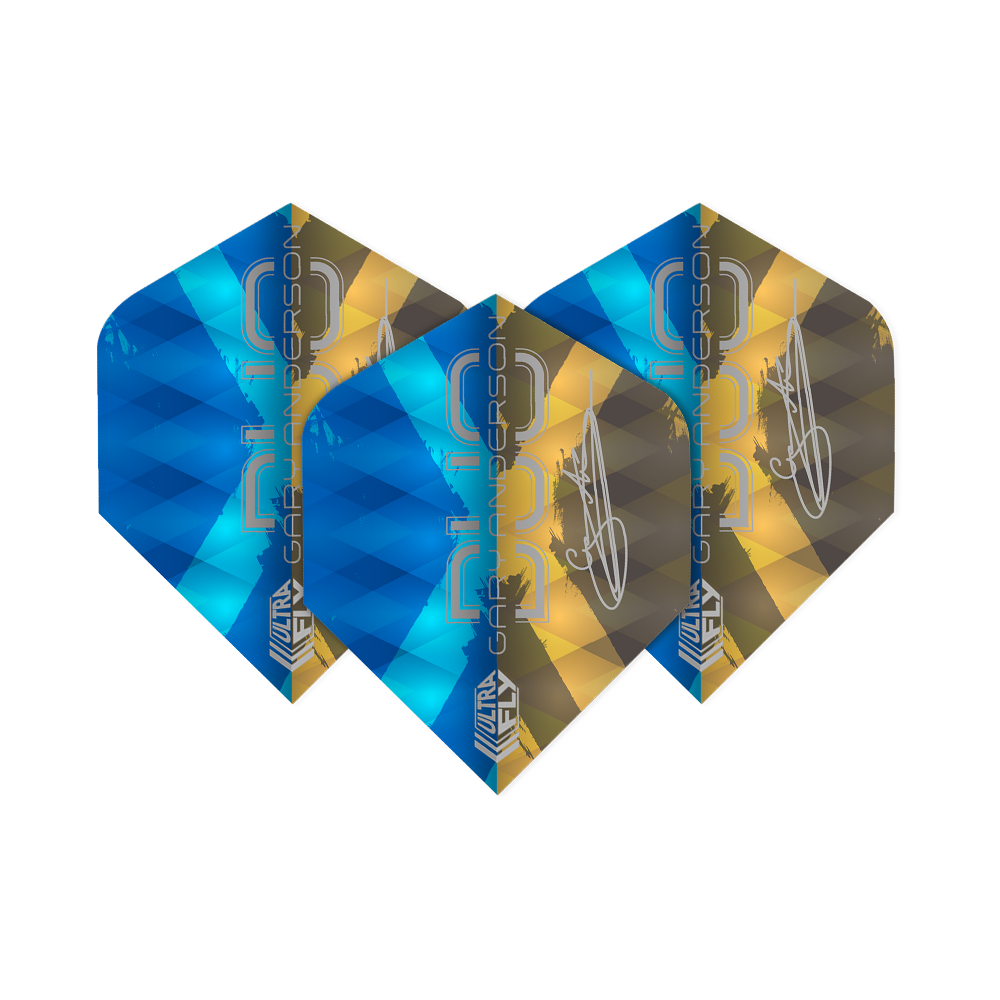 Das Bild zeigt drei Dartflights der Marke "Unicorn Ultrafly 100 Gary Anderson Duo Plus". Die Flights sind in den Farben Blau und Gold gestaltet und tragen den Schriftzug "Gary Anderson".