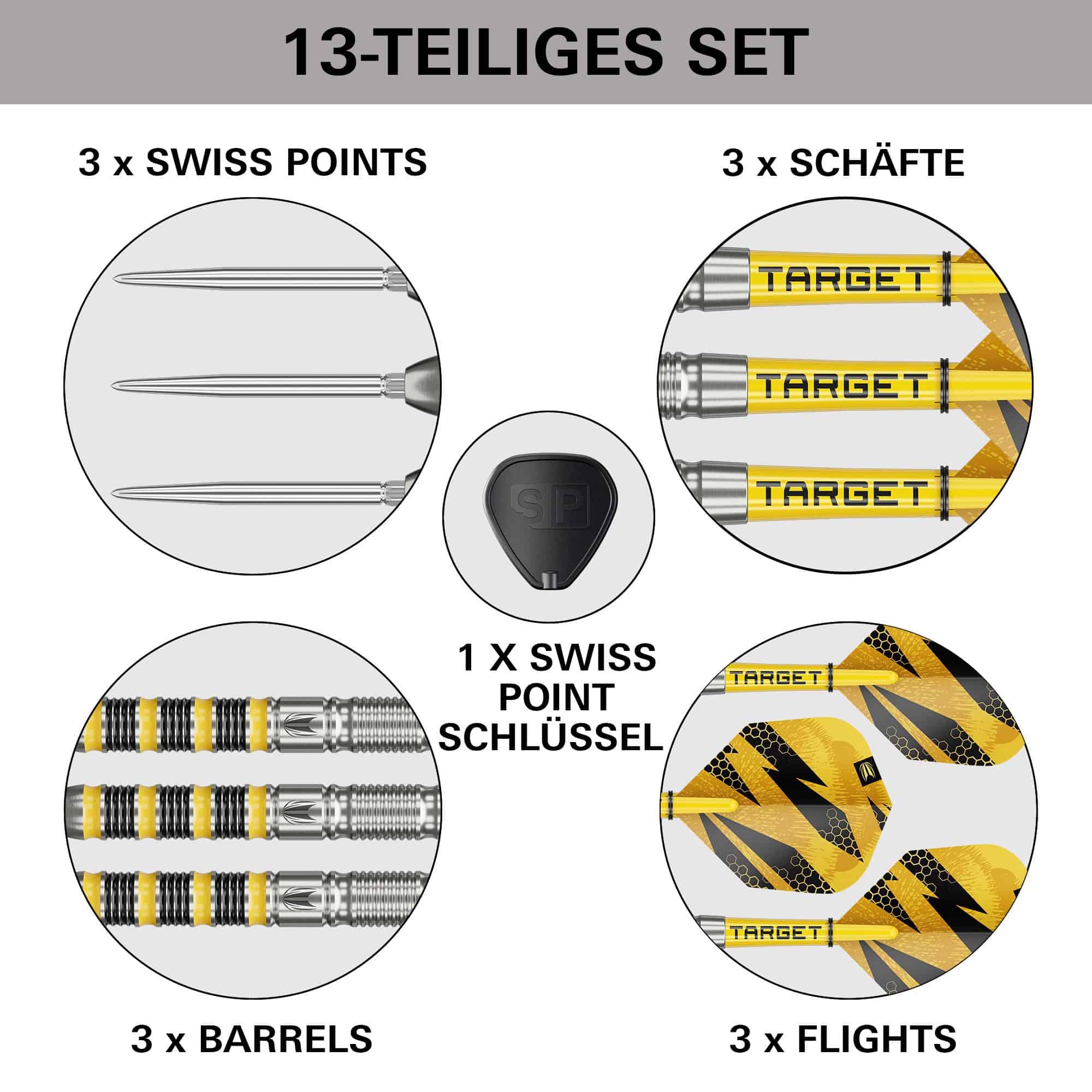 Abgebildet sind die Target Buzz 01 Swiss Points Steeldarts. Diese Darts überzeugen durch ihr modernes Design.