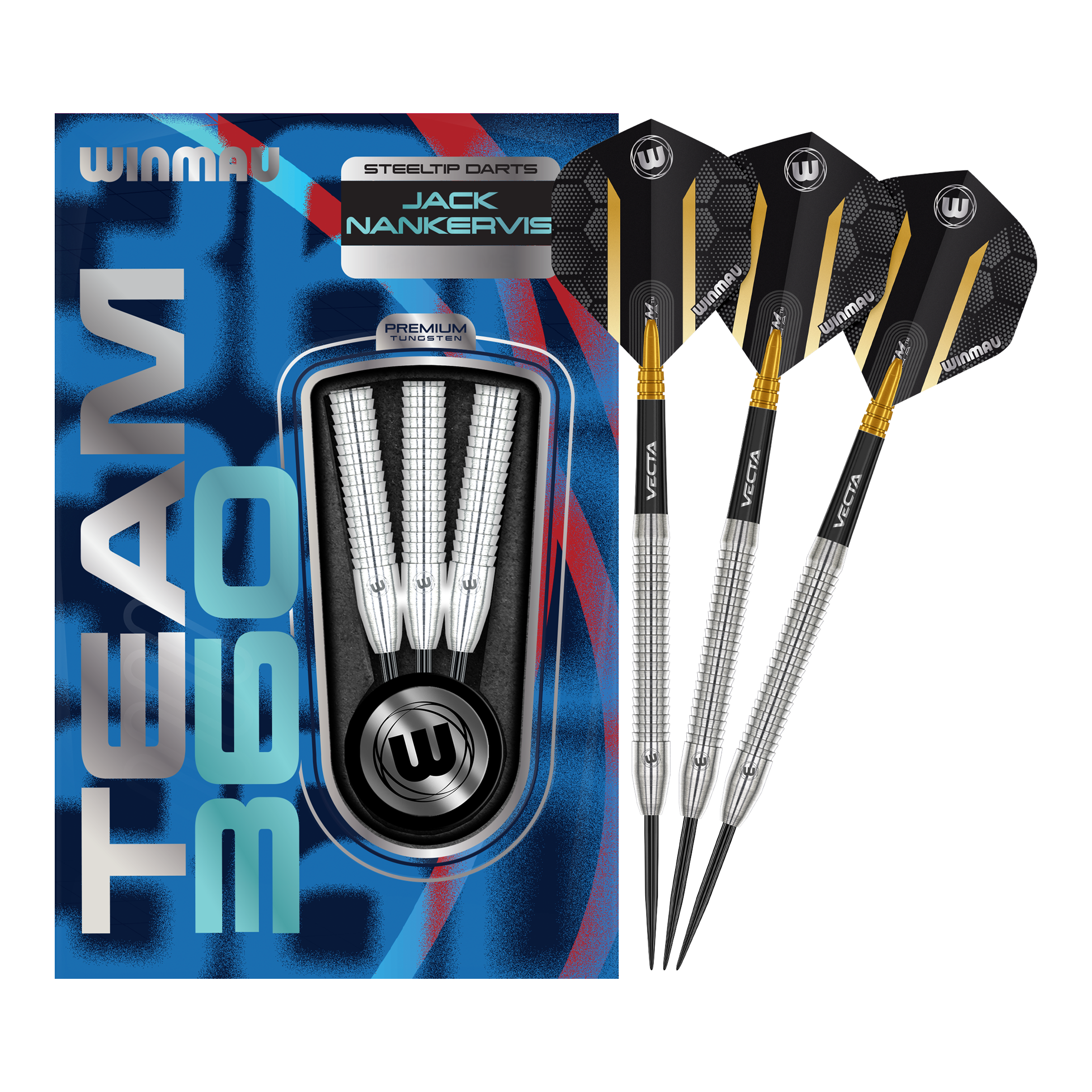 Auf dem Bild sind die Winmau Team 360 Jack Nankervis Steeldarts mit 24g zu sehen. Diese Steeldarts bieten eine ausgezeichnete Kontrolle beim Wurf.