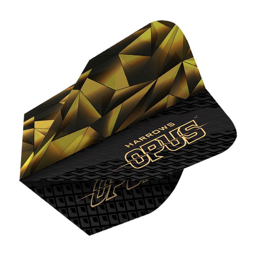 Harrow's Opus Version 1 Flights Das Bild zeigt das Produkt "Harrows Opus Version 1 Flights". Das Design ist in Schwarz und Gold mit geometrischen Mustern und dem Schriftzug "OPUS" gestaltet.