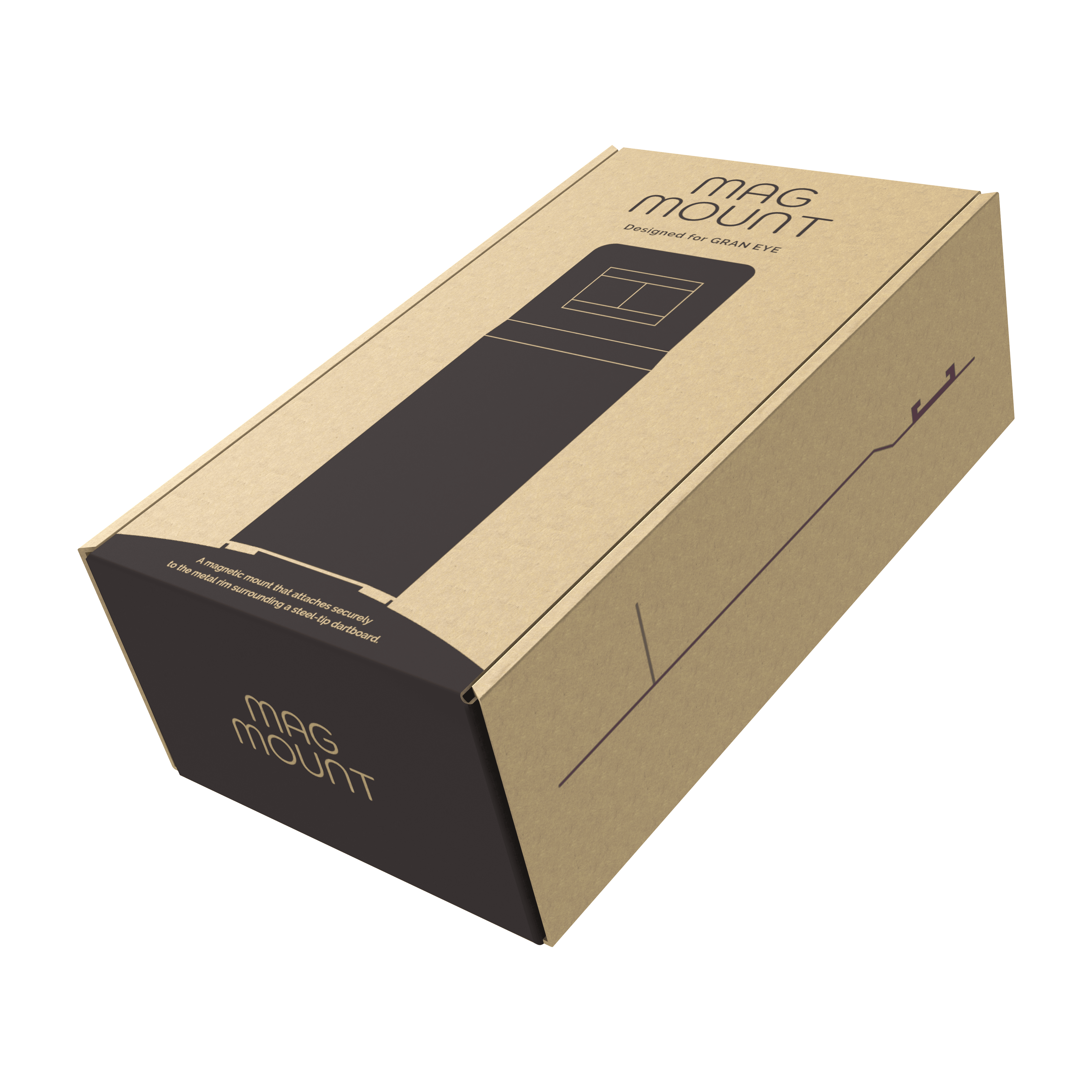 Die Abbildung zeigt eine Verpackung des Produkts "GranDarts GranEye Mag Mount Befestigung". Die Schachtel ist aus braunem Karton und trägt die Aufschrift "Mag Mount".