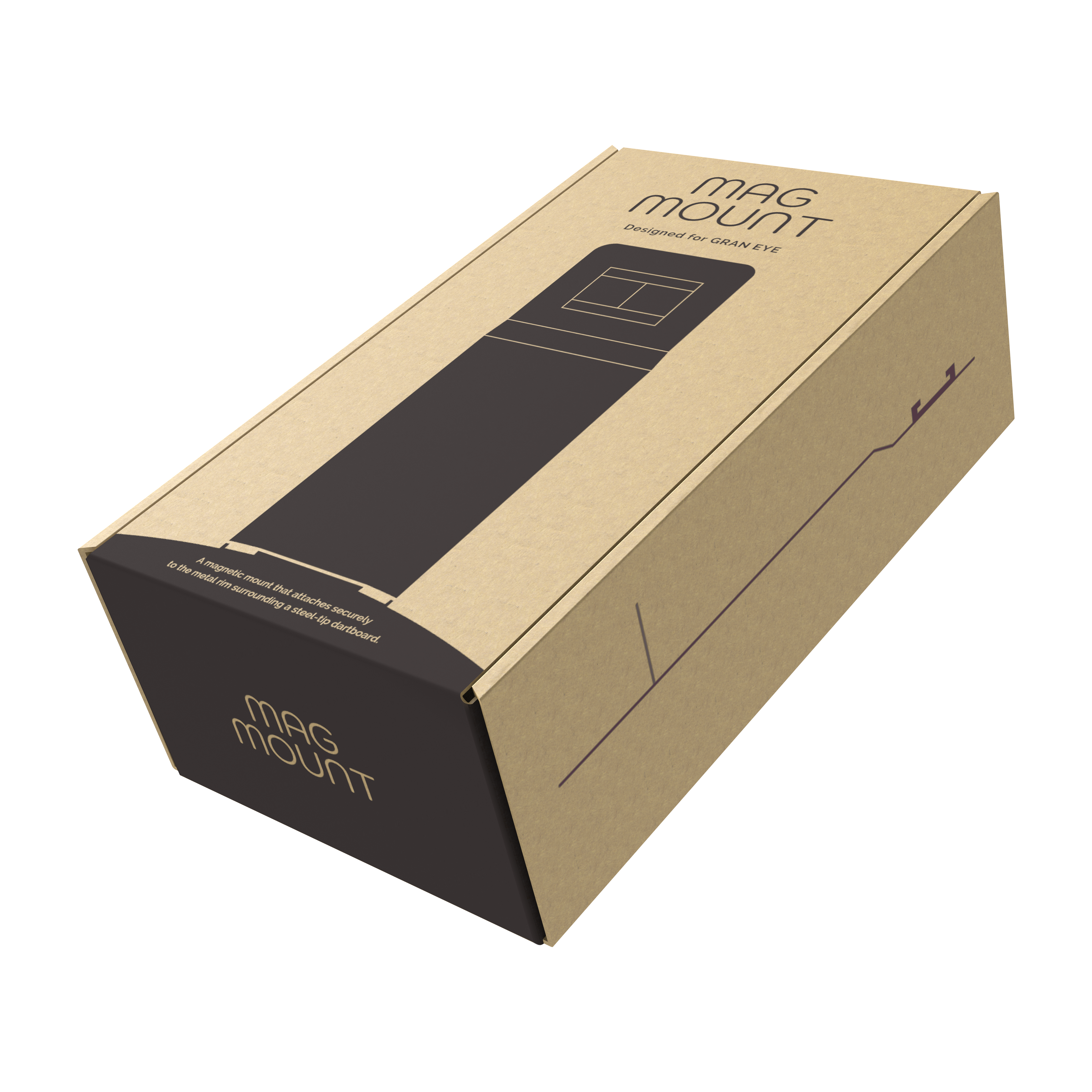 GranDarts Gran Eye Mag Mount attachment Die Abbildung zeigt eine Verpackung des Produkts "GranDarts GranEye Mag Mount Befestigung". Die Schachtel ist aus braunem Karton und trägt die Aufschrift "Mag Mount".