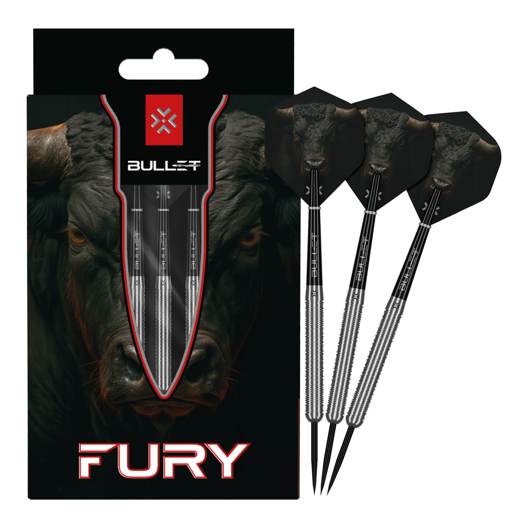 Bullet Fury steel darts Auf dem Bild sind die Bullet Fury Steel Darts vollständig dargestellt. Das Set ist für Dartbegeisterte geeignet.