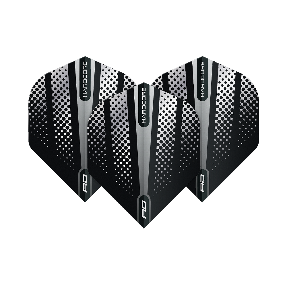 TF6507_Red_Dragon_Hardcore_Radical_Black_Flash_Standard_Flights_1pHSIbILMHMM50 Das Bild zeigt drei Dart-Flights des Produkts "Red Dragon Hardcore Radical Black Flash Standard Flights". Die Flights sind schwarz mit silbernen und weißen Punkten und Streifen gestaltet.