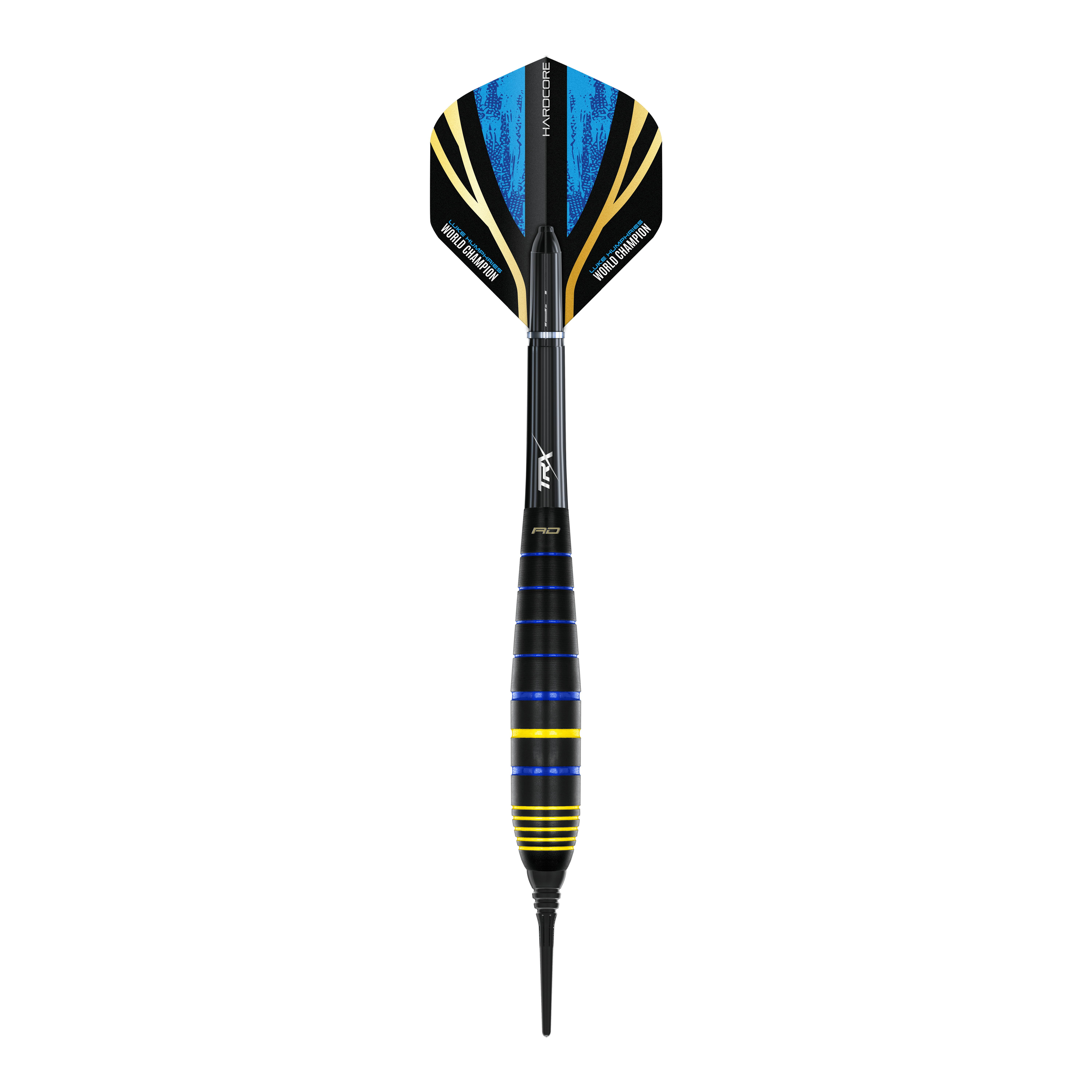 Red Dragon Luke Humphries World Champion Brass Softdarts - 20g Das Bild zeigt einen Red Dragon Luke Humphries World Champion Brass Softdart mit 20g Gewicht. Der Dart ist schwarz mit blauen und gelben Akzenten gestaltet.