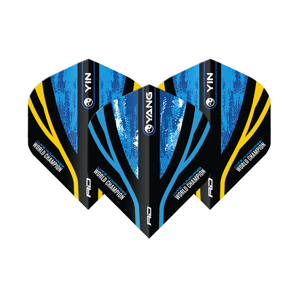 Red Dragon Luke Humphries World Champion Blue Gold Yin Yang Standard Flights Das Bild zeigt drei Dart-Flights mit dem Design "Red Dragon Luke Humphries World Champion Blue Gold Yin Yang Standard Flights". Die Flights sind in Blau, Schwarz und Gold gehalten und tragen die Aufschrift "World Champion".