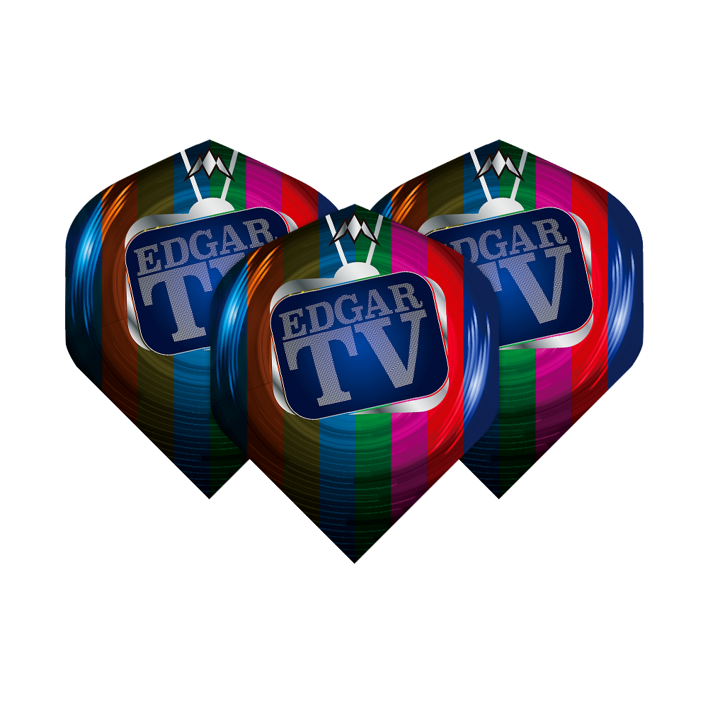 Mission Solo Matt Edgar No2 Standard Flights Das Bild zeigt drei bunte Dart-Flights mit dem Aufdruck "EDGAR TV" auf einem Fernsehbildschirm. Die Flights sind Teil des Produkts "Mission Solo Matt Edgar No2 Standard Flights".