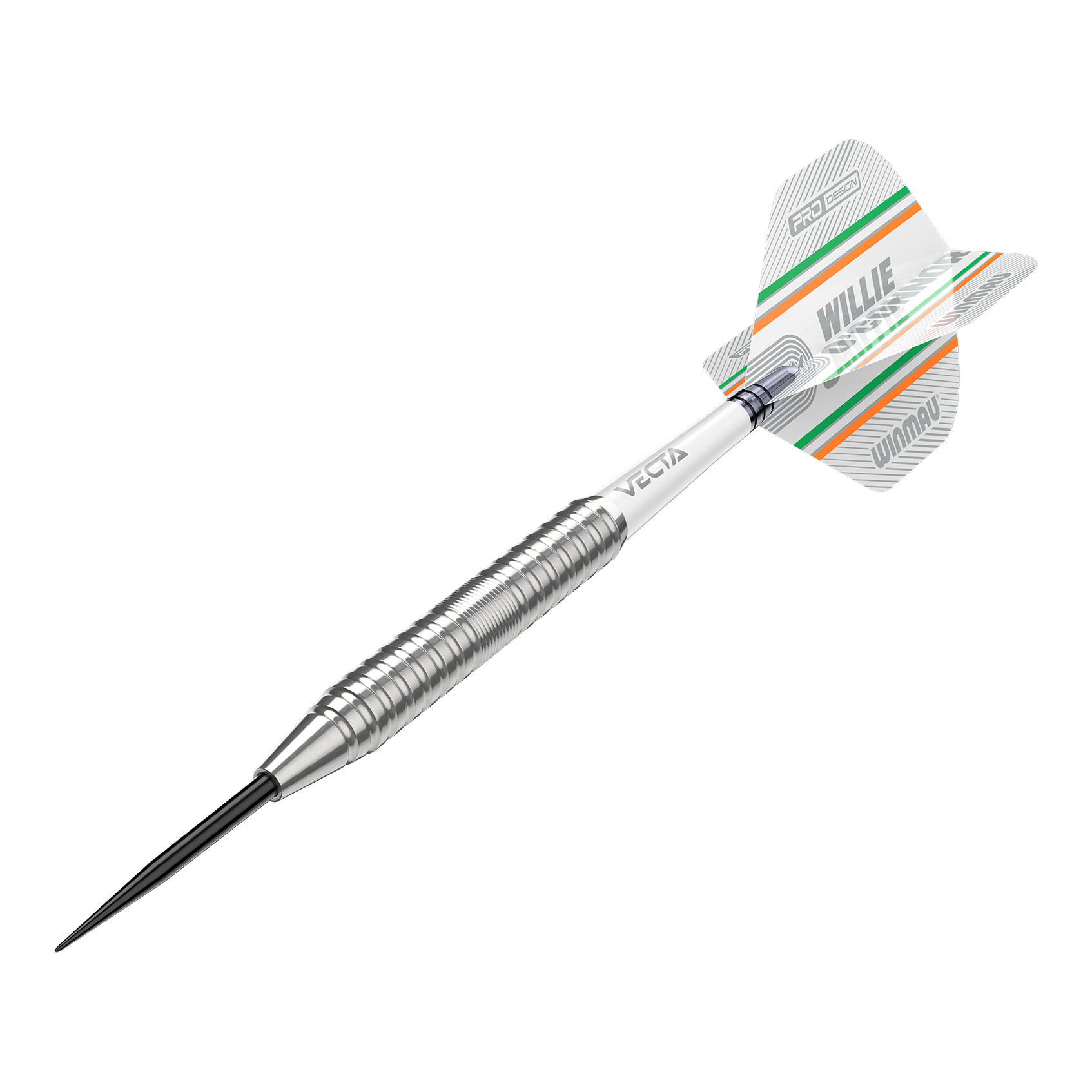 Winmau Willie OConnor Steel Darts - 23g Das Bild zeigt einen silbernen Steeldartpfeil mit dem Namen "Winmau Willie O'Connor Steeldarts - 23g". Auf dem Flight sind grüne und orange Streifen sowie der Name "Willie O'Connor" zu sehen.