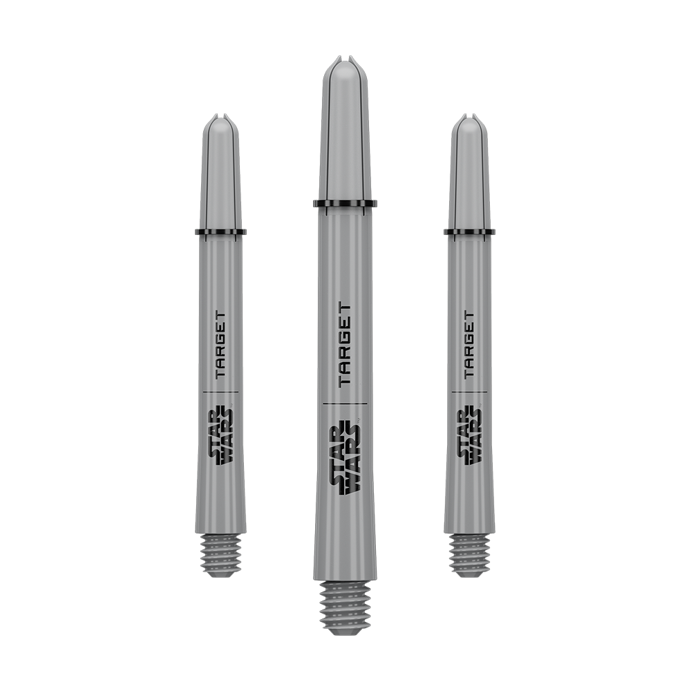 Das Bild zeigt ein Dart-Zubehör mit dem Dateinamen 380432_Target_StarWars_ProGrip_Shafts_Grau_Medium_48mm_1Set. Es handelt sich vermutlich um einen grauen Medium ProGrip Shaft von Star Wars mit 48mm Länge als Set.