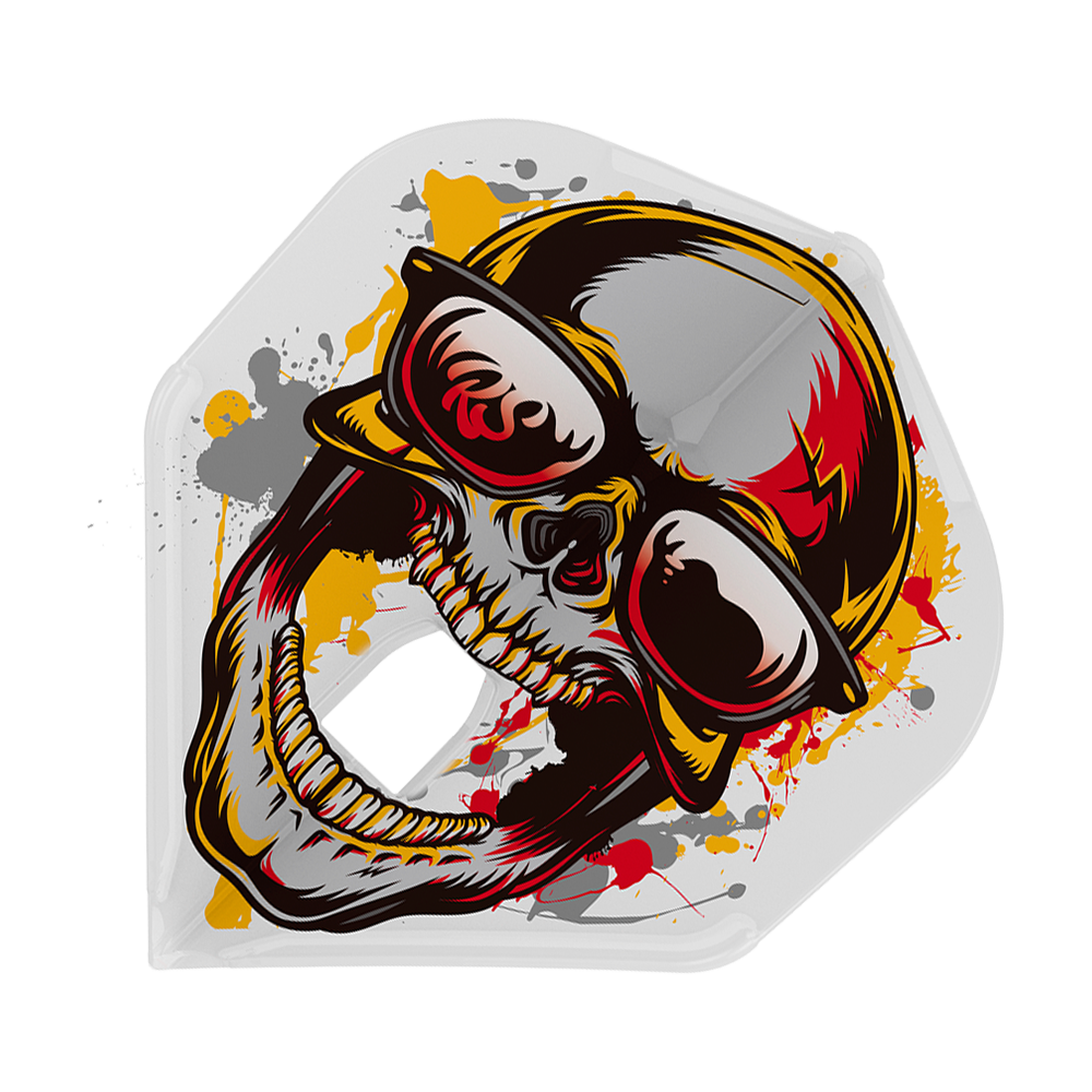 L-Style Marijanovic V1 L1PRO Standard Flights Das Bild zeigt das Produkt „L-Style Marijanovic V1 L1PRO Standard Flights“. Auf dem Flight ist ein farbenfrohes Totenkopfdesign mit Sonnenbrille und bunten Farbspritzern abgebildet.