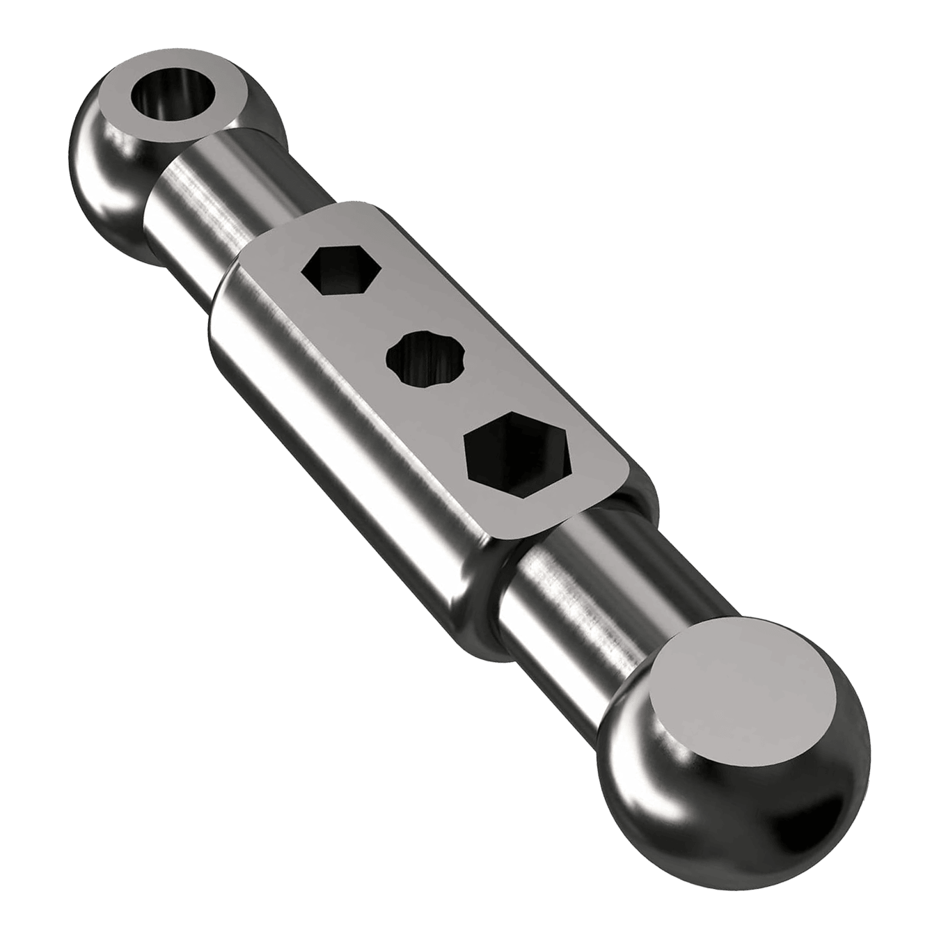 Caliburn Starter Kit Das Bild zeigt ein metallisches Bauteil mit zwei kugelförmigen Enden und einer rechteckigen Mittelplatte mit drei Sechskantöffnungen. Es handelt sich um ein Teil des Produkts "Caliburn Starter-Kit".