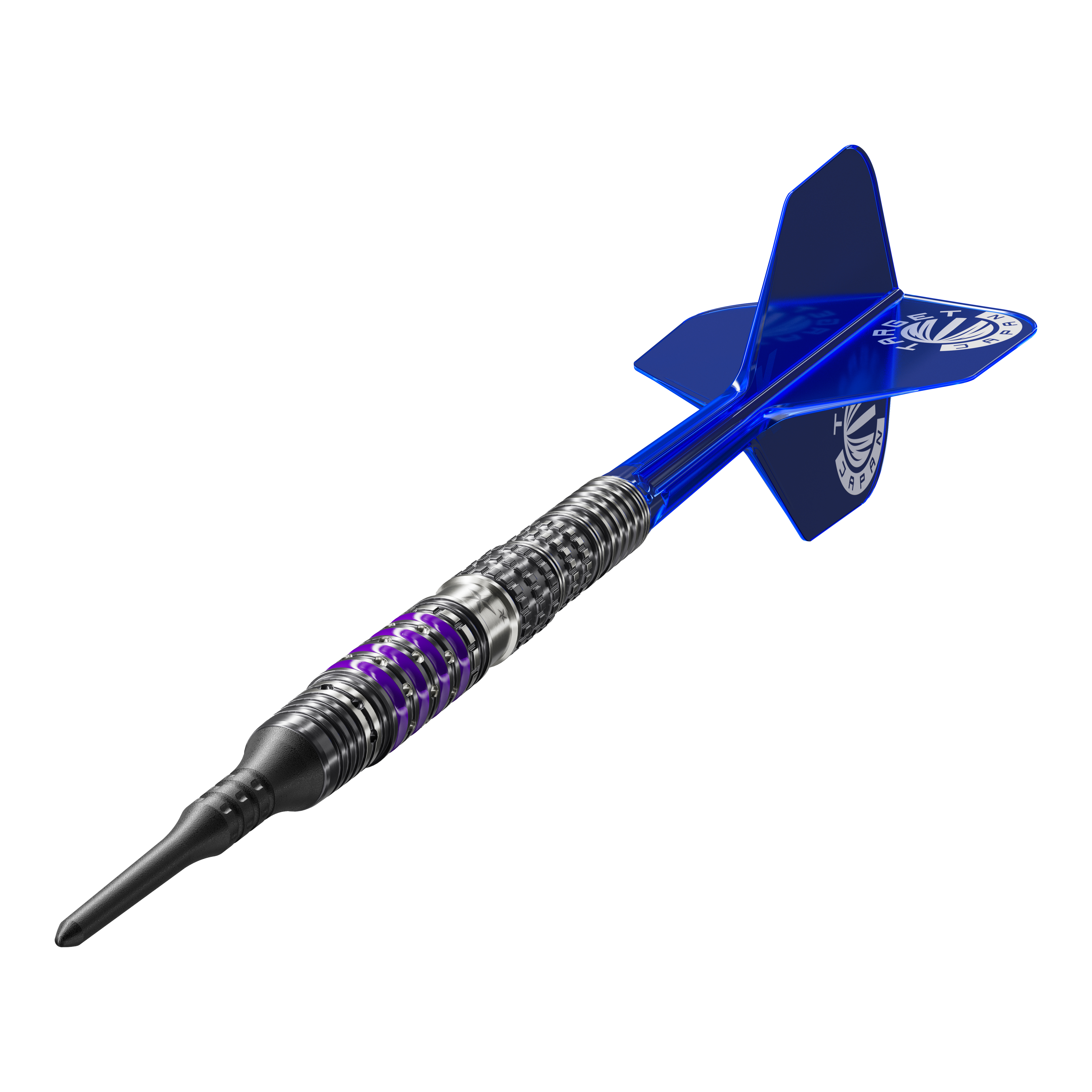 Target Japan Prime Series Sirius GEN4 Soft Darts - 21.5g Das Bild zeigt einen modernen Softdart aus der Produktreihe „Target Japan Prime Series Sirius GEN4“ mit einem Gewicht von 21,5g. Der Dart hat ein auffälliges, silber-schwarzes Design mit lila Akzenten und blauen Flights.